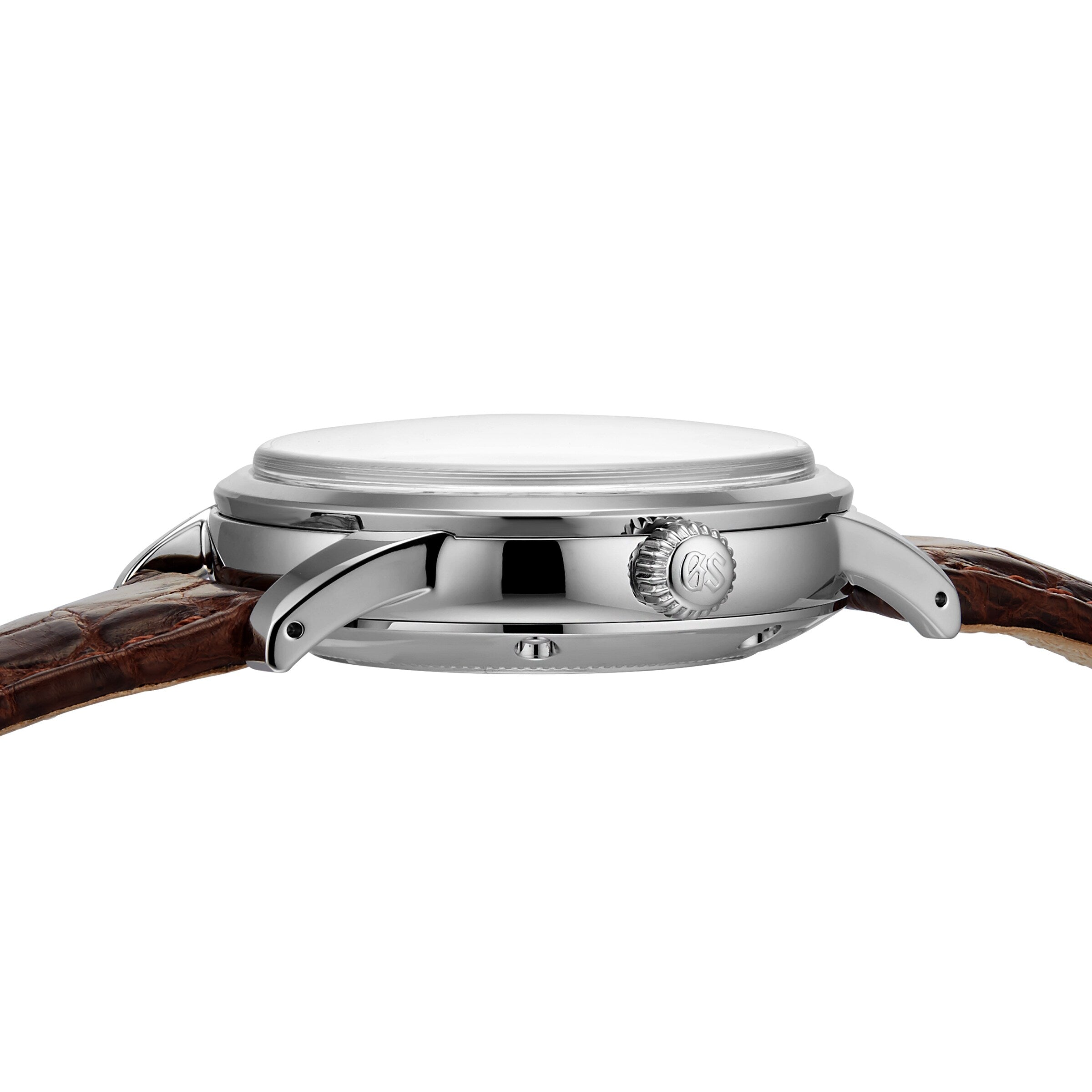 Side view of the Grand Seiko Automatic GMT Elegance, featuring a brown leather strap, silver case, engraved-branded crown, and showcasing refined details with automatic movement.