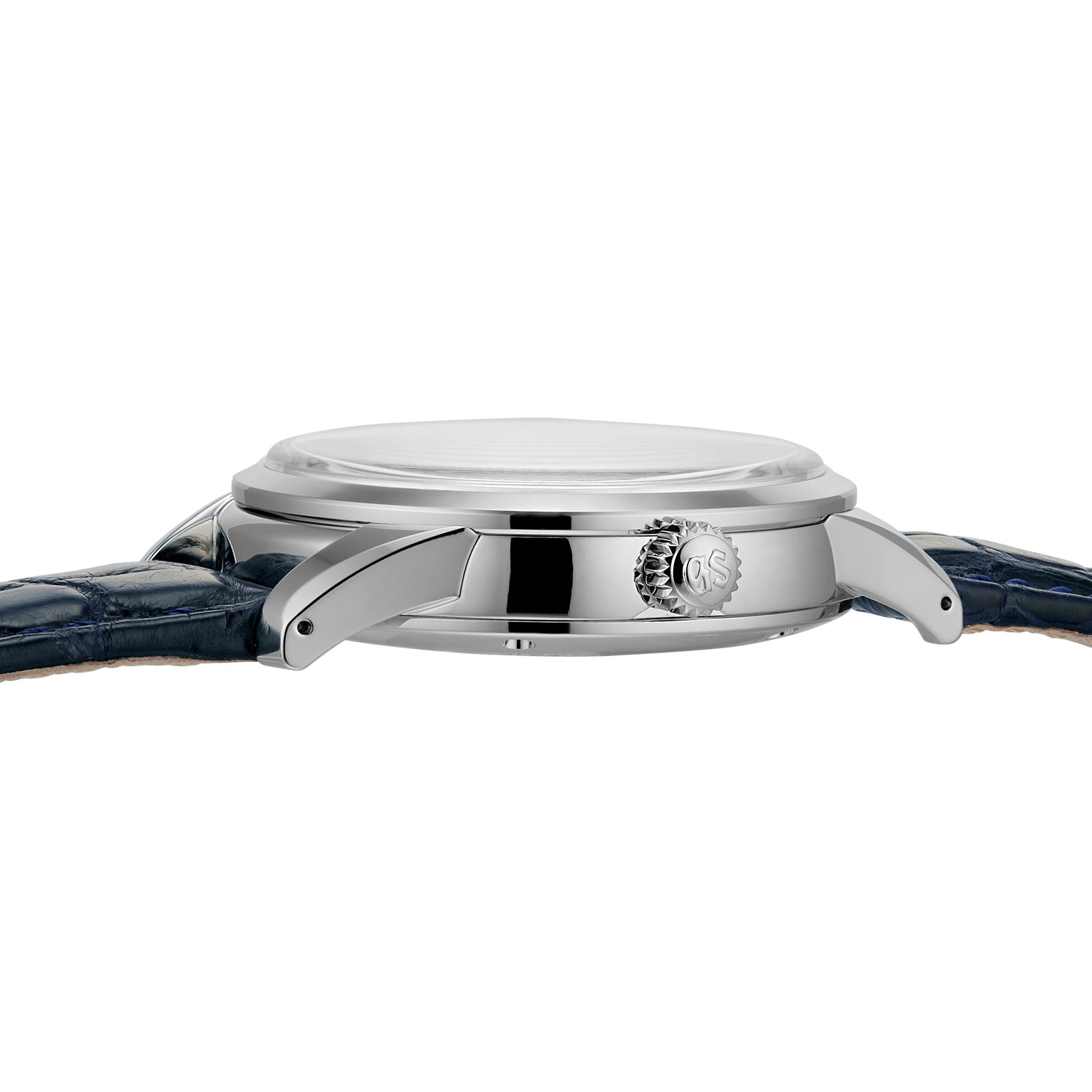 Side view of the Grand Seiko Spring Drive Elegance, showcasing its stainless steel case, textured crown, and dark blue leather strap on a white background.