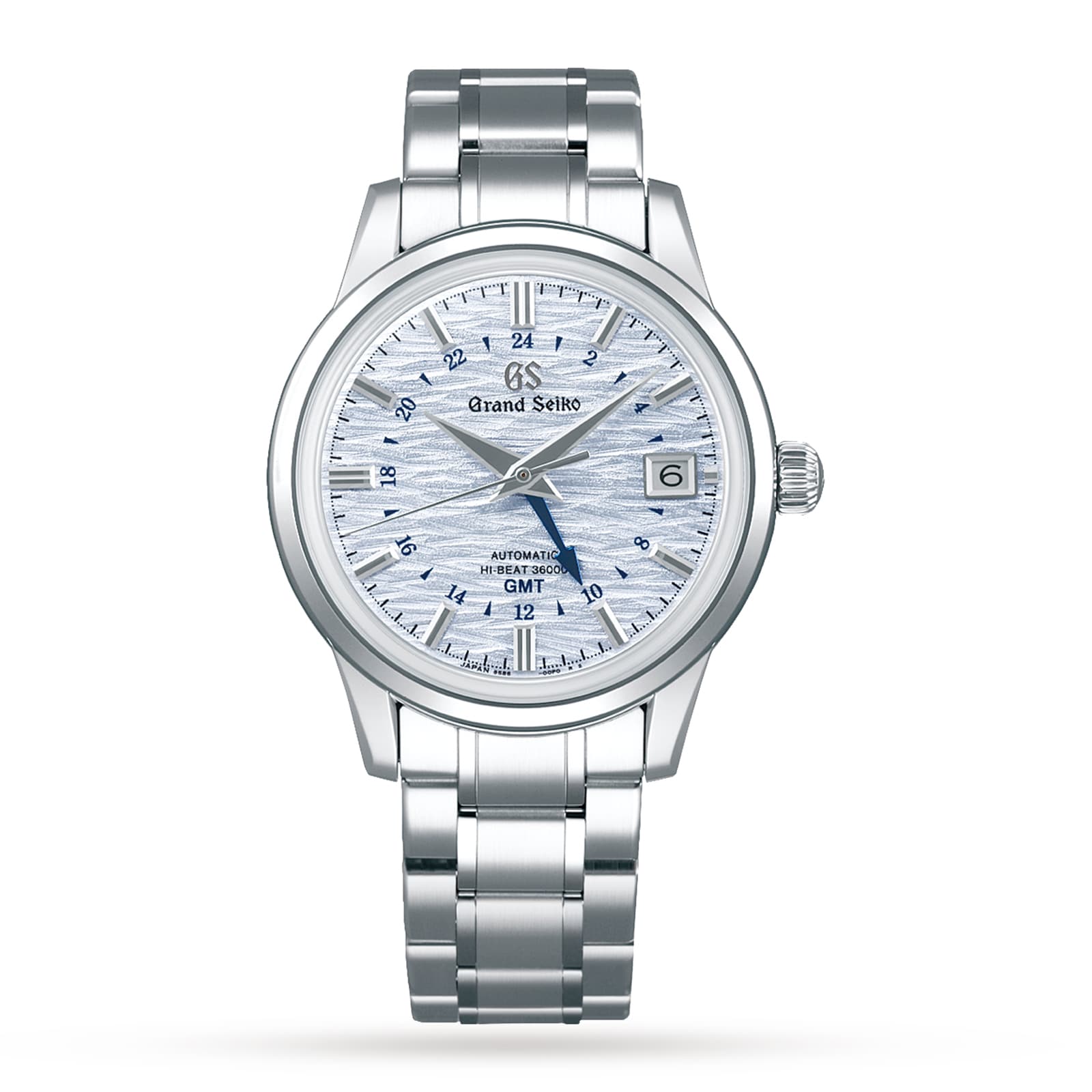 The Grand Seiko Hi-Beat GMT Elegance is a silver wristwatch with a high-beat movement, textured light blue wave-pattern dial, date window at 3 o’clock, and stainless steel bracelet.