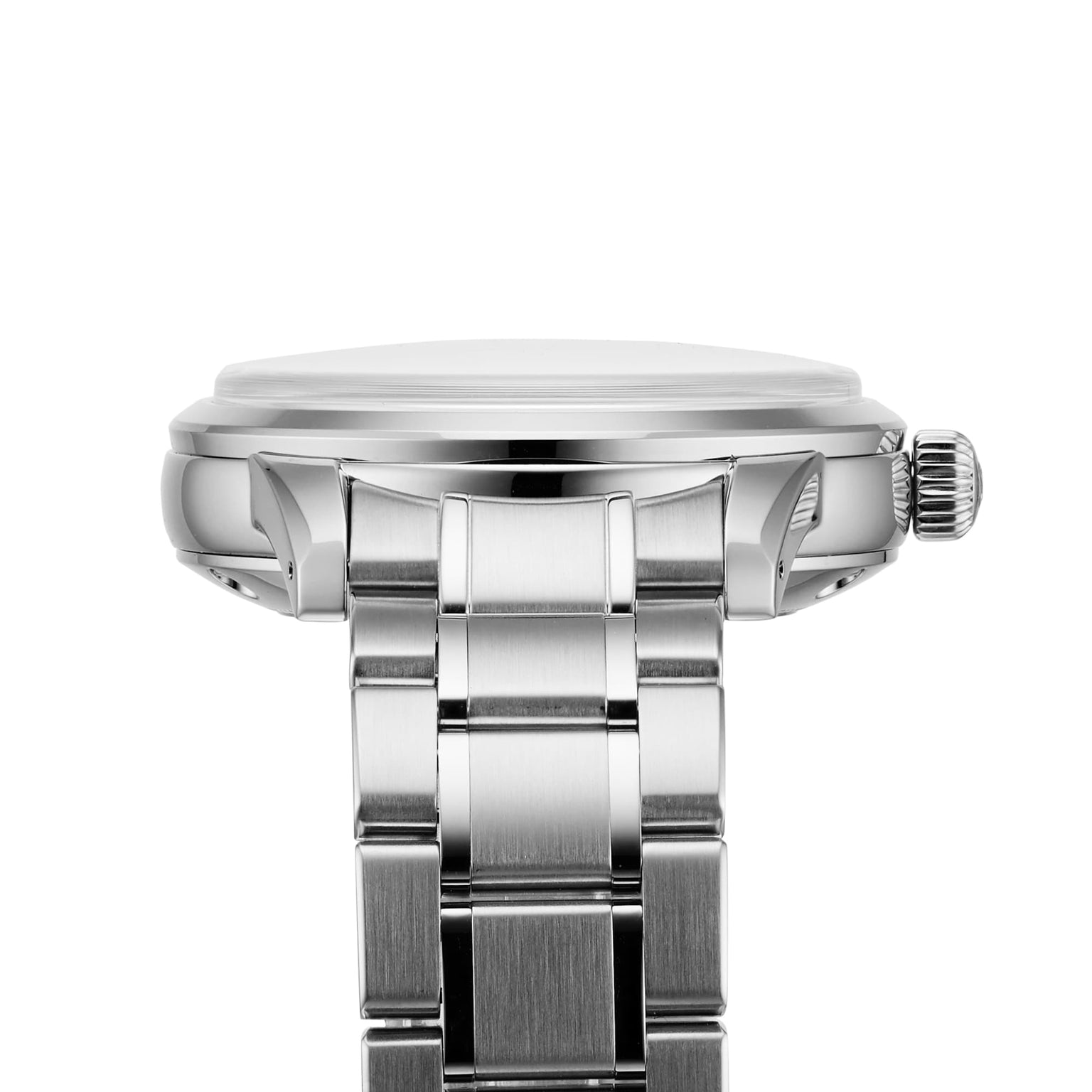 Close-up side view of a Grand Seiko Hi-Beat GMT Elegance stainless steel wristwatch with metal band, visible crown, and Calibre 9S86 movement, set against a white background.