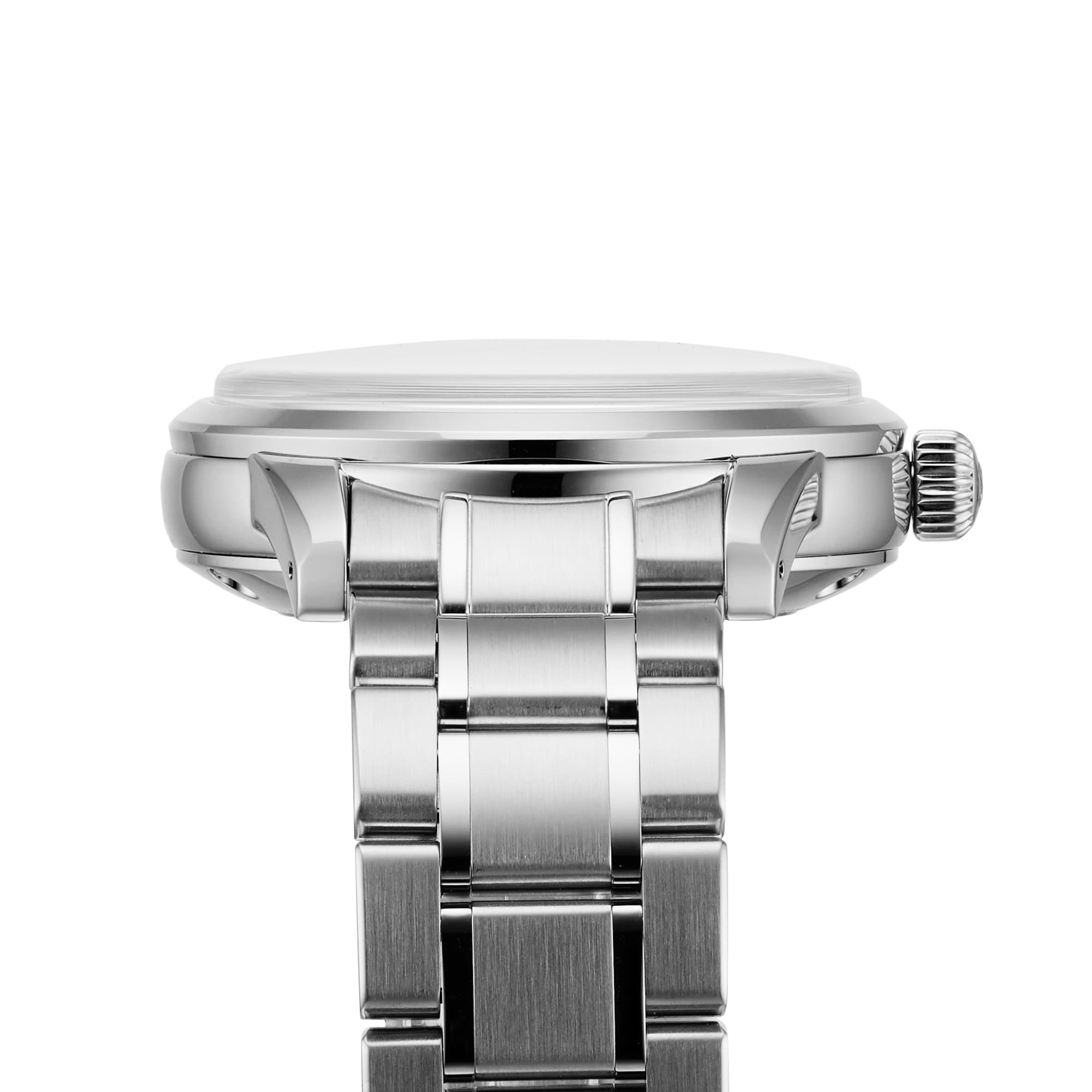 Close-up side view of a Grand Seiko Hi-Beat GMT Elegance stainless steel wristwatch with metal band, visible crown, and Calibre 9S86 movement, set against a white background.
