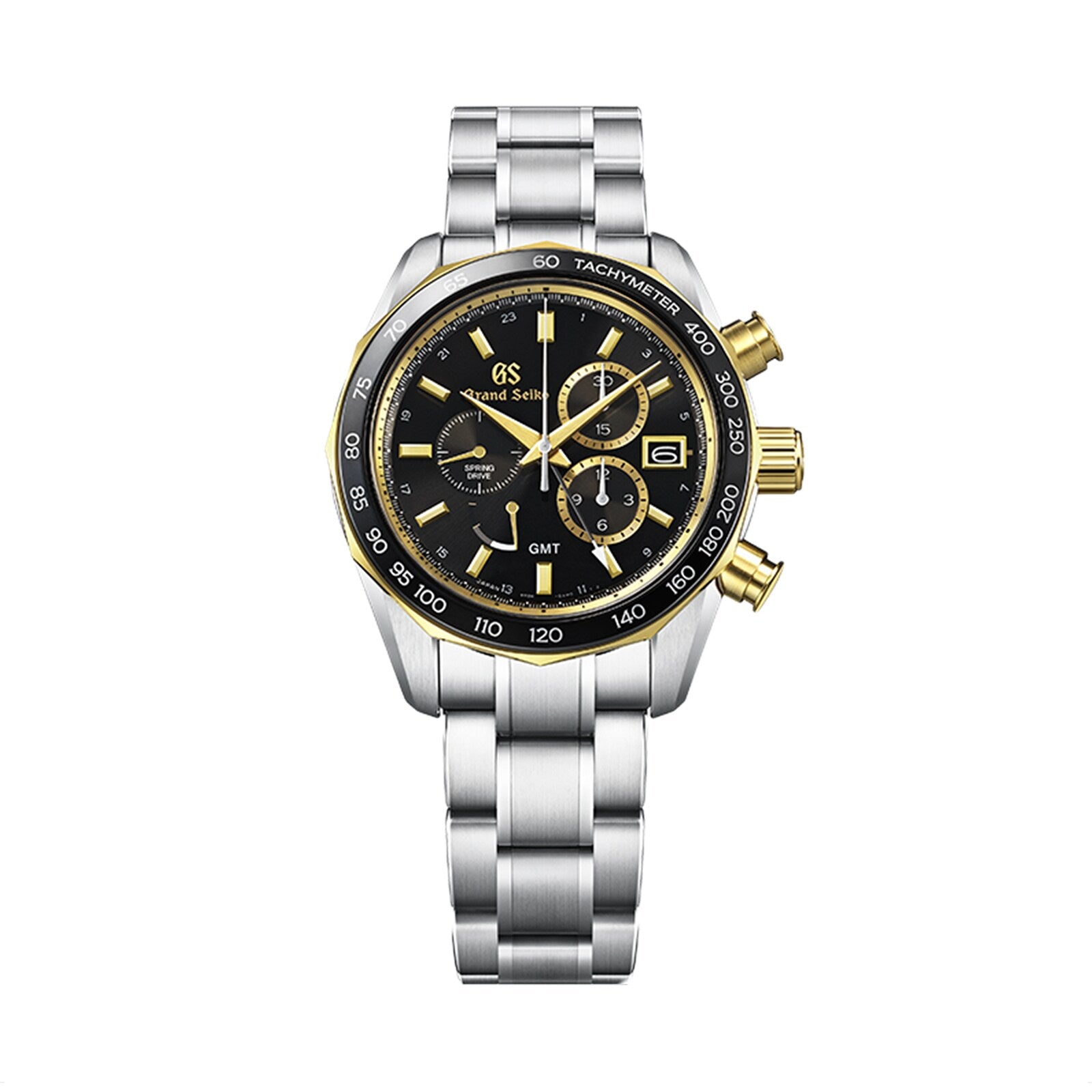 The Grand Seiko Spring Drive Chronograph Sport features a silver metal band, black dial with gold accents, chronograph sub-dials, and date display—crafted for precision and timeless style.