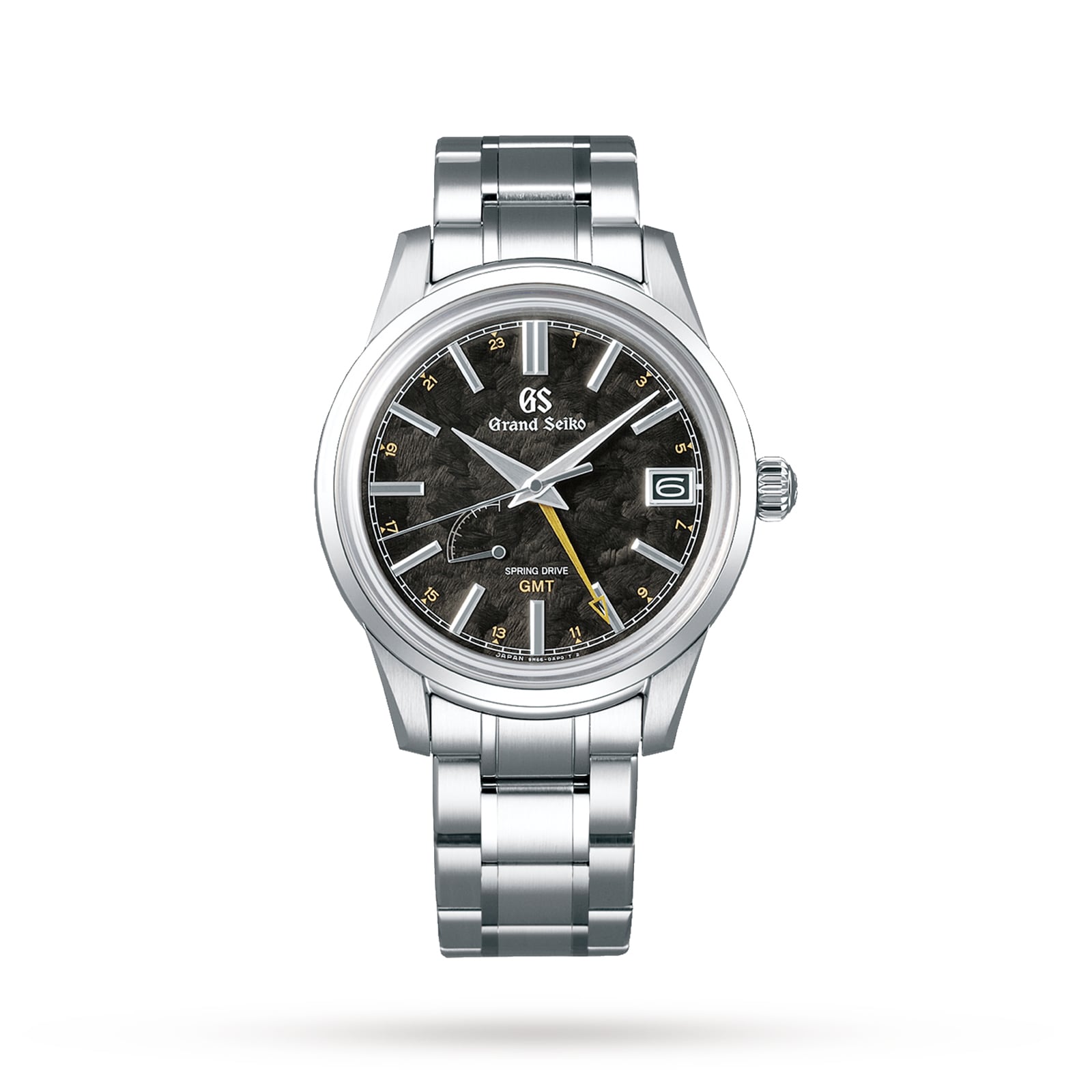 The Grand Seiko Spring Drive Elegance features a stainless steel case, textured black dial, yellow GMT hand, date at 3 oclock, and silver bracelet—showcasing precise Spring Drive movement that mirrors the changing seasons.