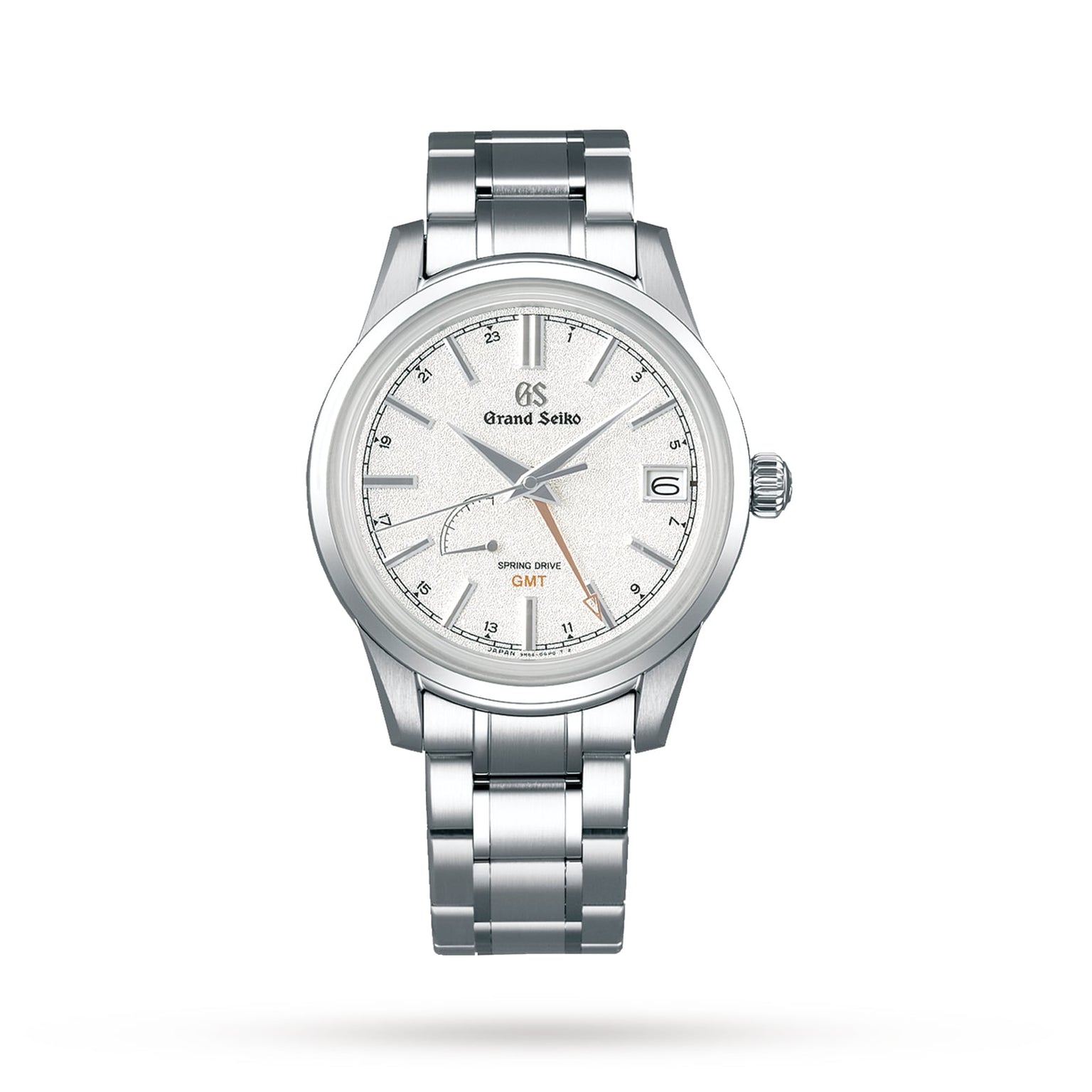 The Grand Seiko Spring Drive Elegance is a stainless steel GMT watch with a silver textured dial inspired by the winter solstice, featuring a date at 3 o’clock and a refined silver bracelet reflecting seasonal beauty.