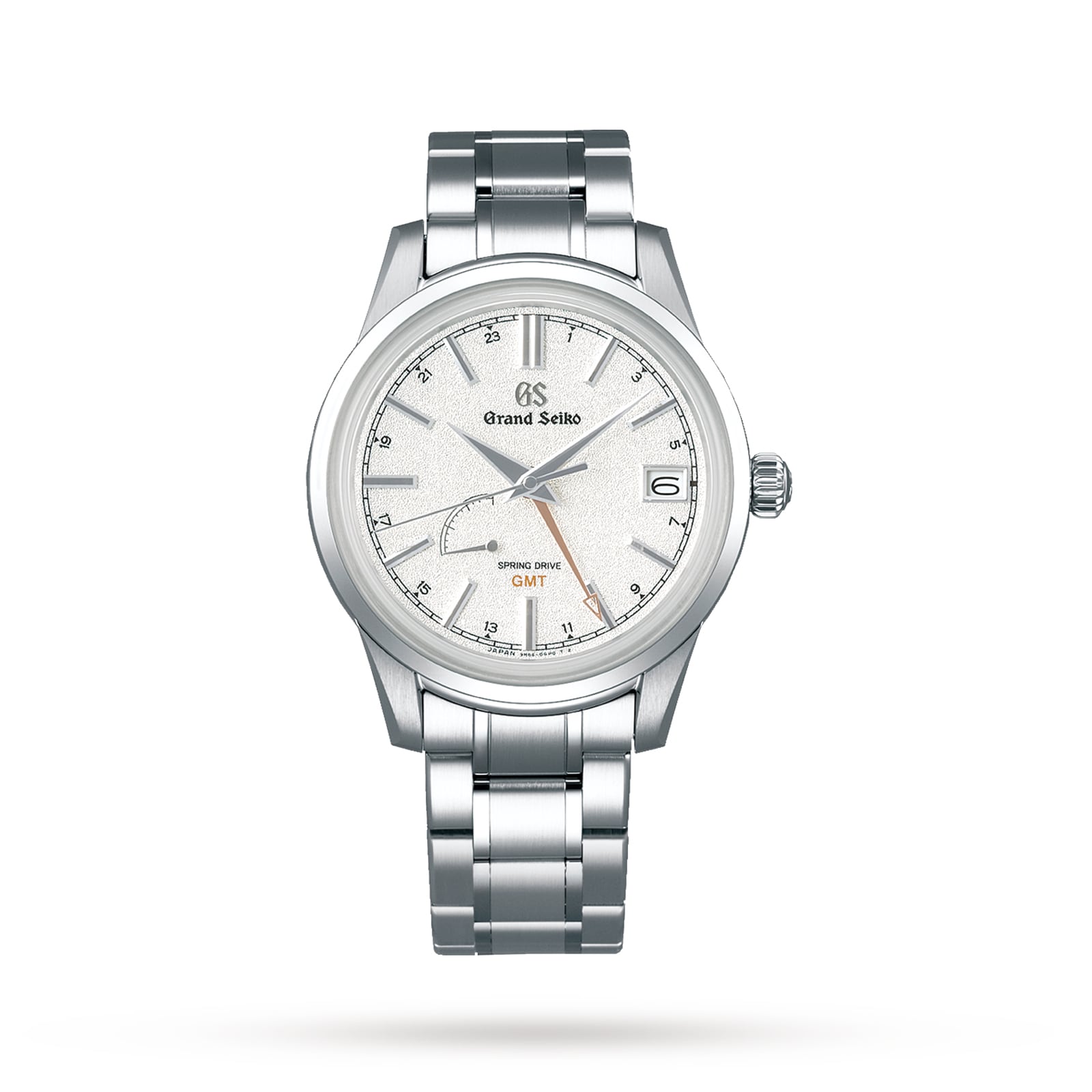The Grand Seiko Spring Drive Elegance is a stainless steel GMT watch with a silver textured dial inspired by the winter solstice, featuring a date at 3 o’clock and a refined silver bracelet reflecting seasonal beauty.