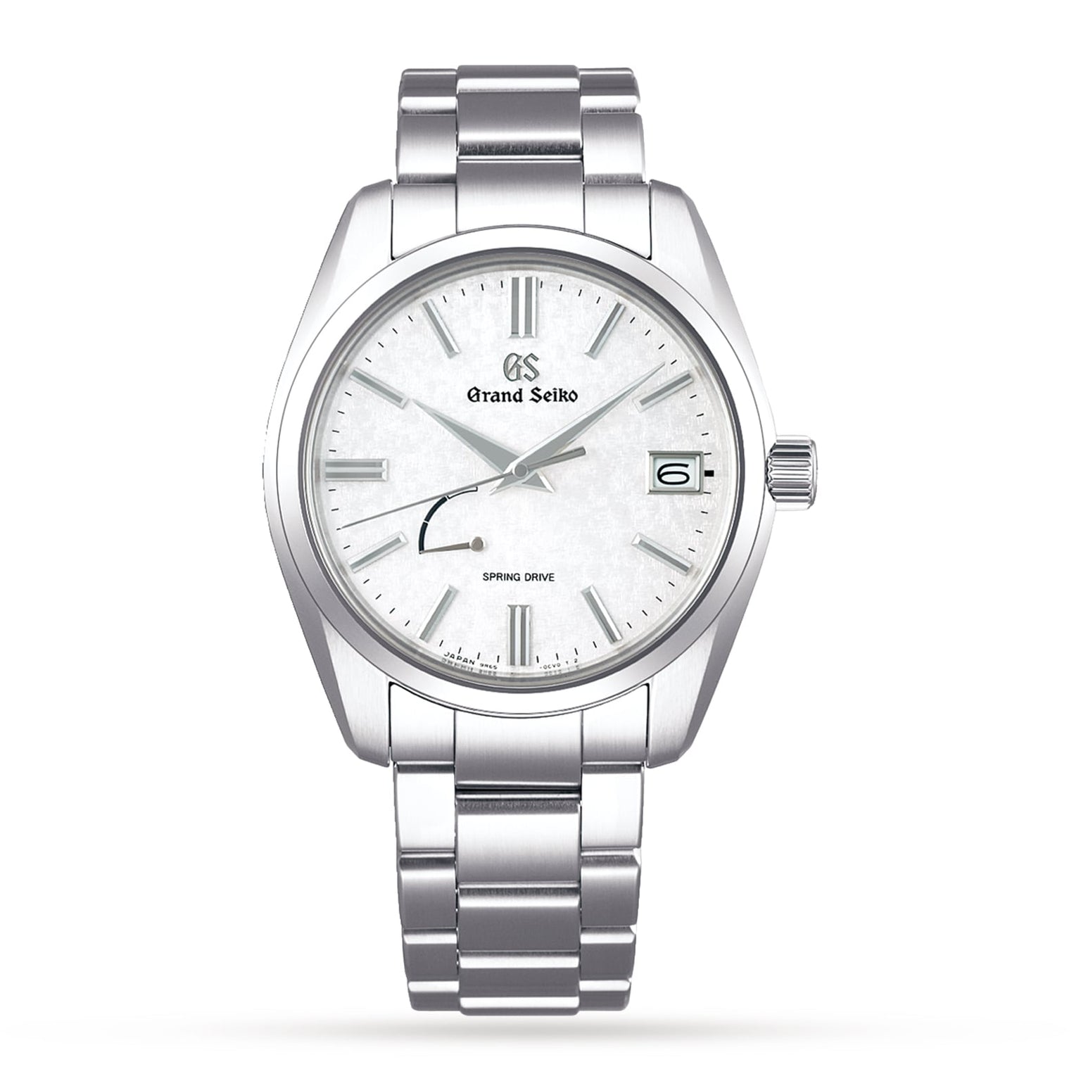 The Grand Seiko Spring Drive Heritage is a stainless steel wristwatch with a white textured dial, silver markers, date at 3 o’clock, metal link bracelet, and features the precise Spring Drive movement.