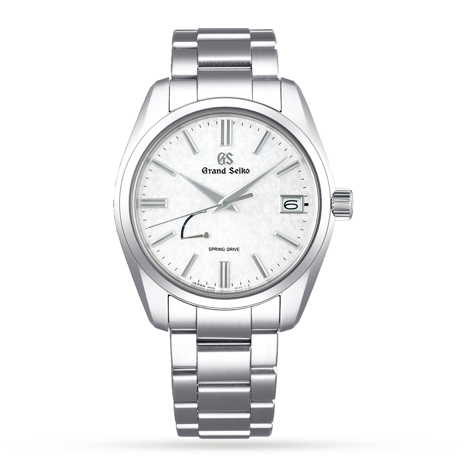 The Grand Seiko Spring Drive Heritage is a stainless steel wristwatch with a white textured dial, silver markers, date at 3 o’clock, metal link bracelet, and features the precise Spring Drive movement.
