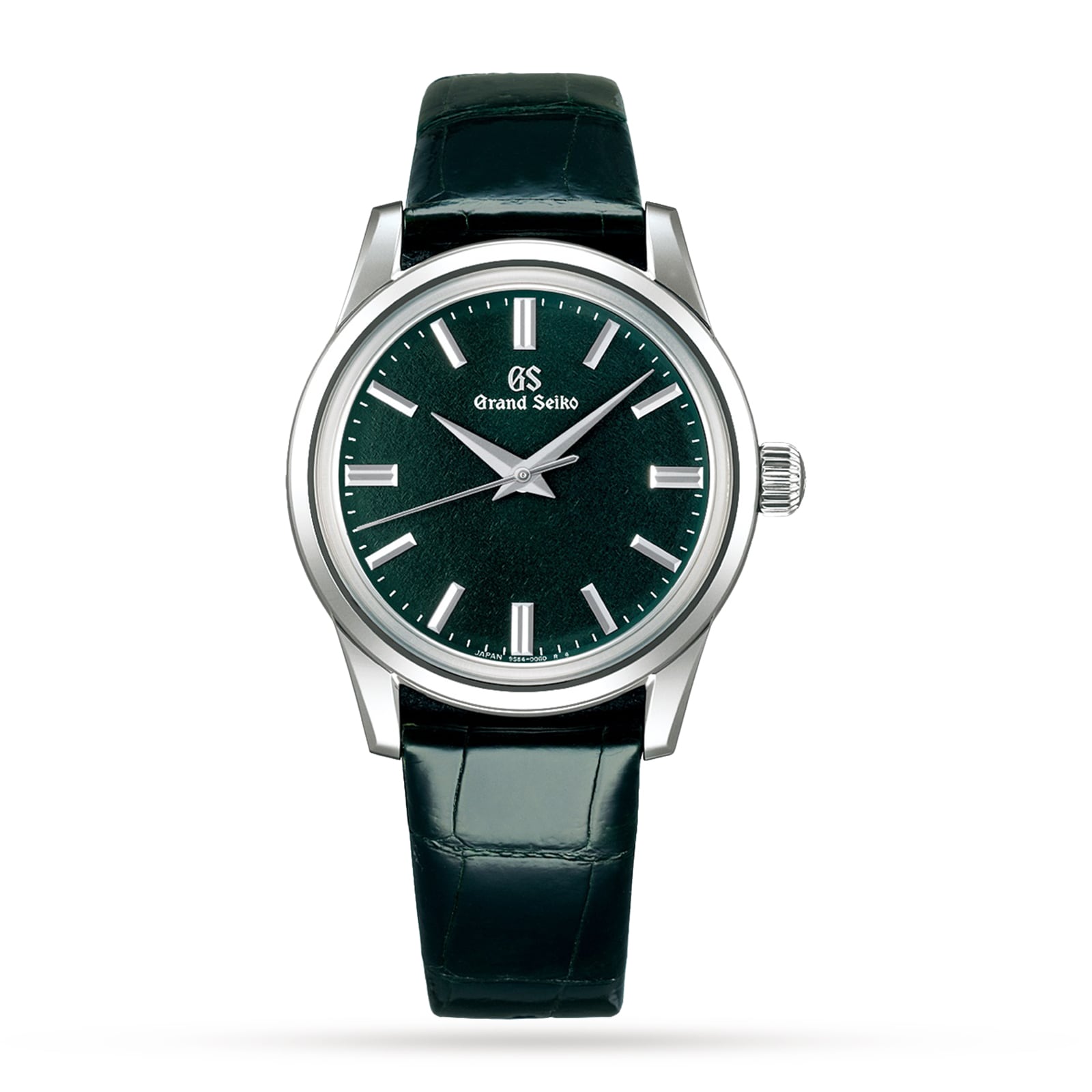 The Grand Seiko Manual Elegance features a dark green leather strap, stainless steel case, and green textured dial with silver hour markers—a fine mechanical watch crafted by TAKUMI artisans.