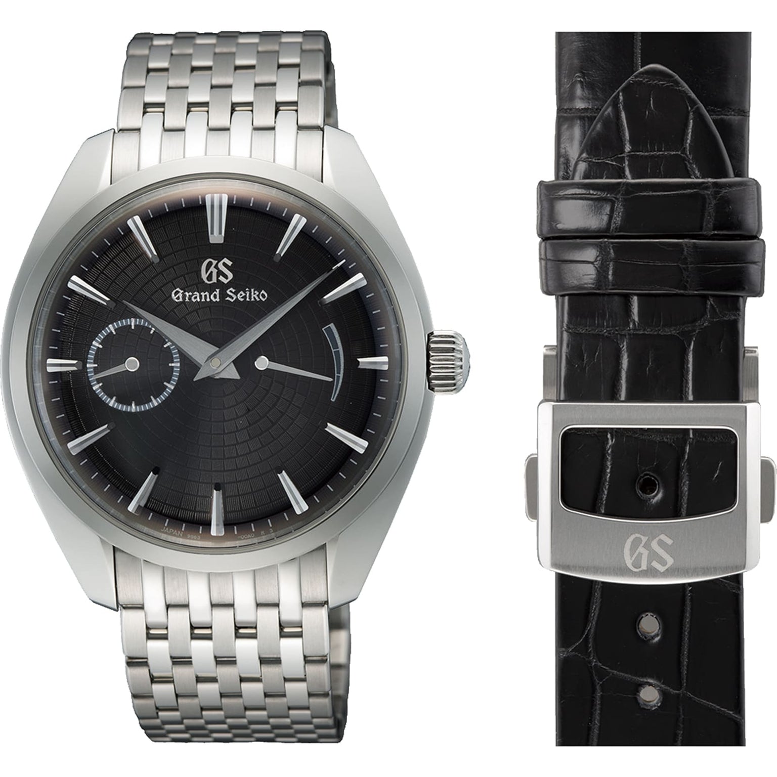The Grand Seiko Manual Elegance wristwatch features a black textured dial, metal bracelet, and Zaratsu craftsmanship, displayed beside a black leather strap with a metal GS-engraved clasp.