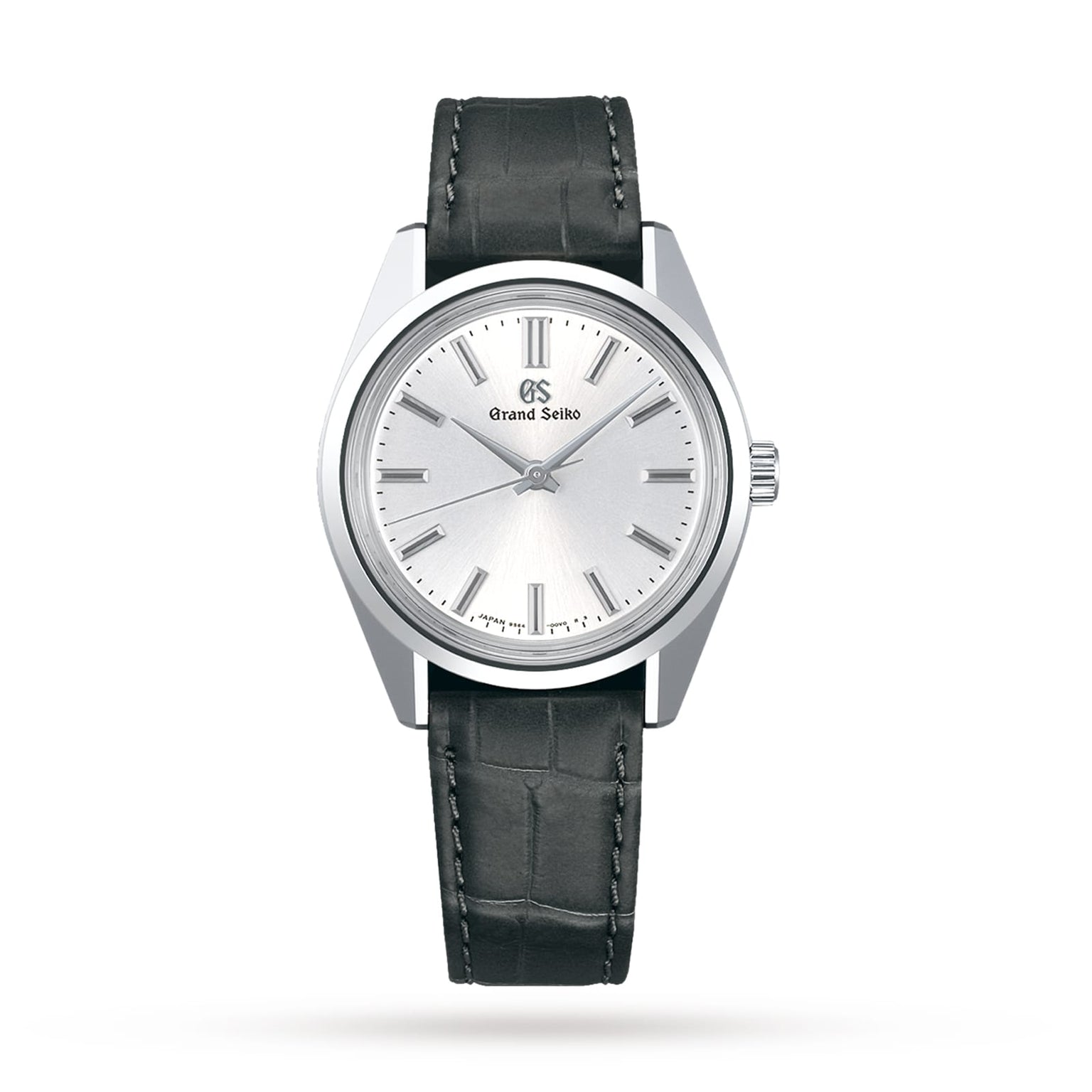 The Grand Seiko Manual Heritage wristwatch features the iconic 44GS design, a white sunray pattern dial, silver hour markers, and a black leather strap, displayed on a white background.