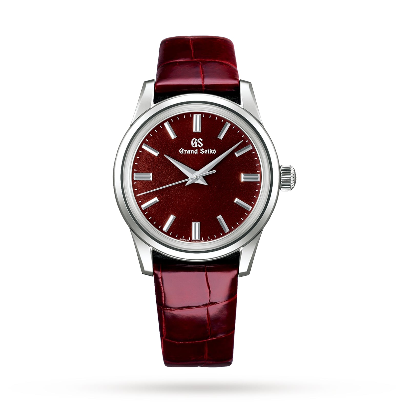 The Grand Seiko Manual Elegance features a metallic case, burgundy dial, silver markers and hands, and a burgundy leather strap with the precise Caliber 9S64 movement, shown against a white background.