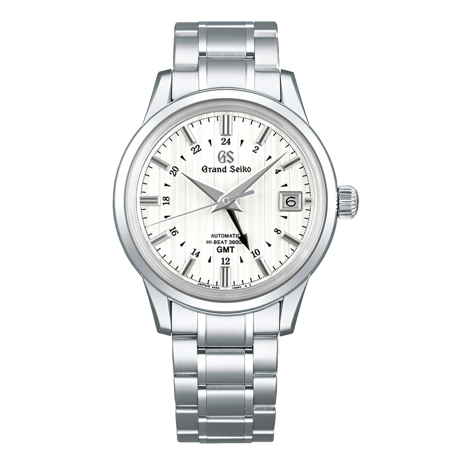 The Grand Seiko Hi-Beat GMT Elegance watch features a silver stainless steel band, a white textured dial with date at 3 o’clock, and refined GMT functionality.