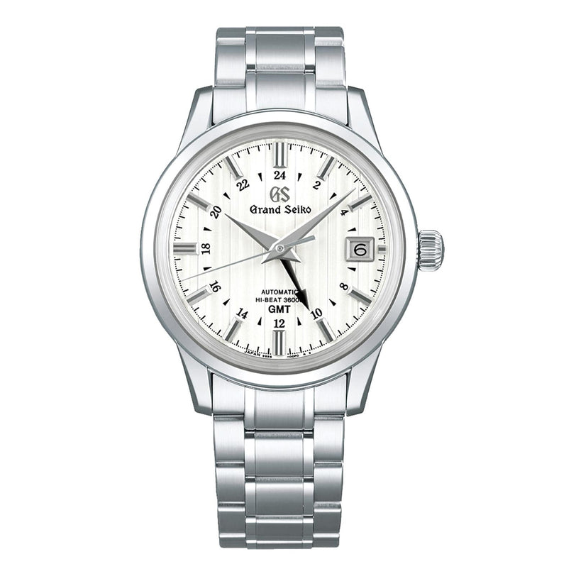The Grand Seiko Hi-Beat GMT Elegance watch features a silver stainless steel band, a white textured dial with date at 3 o’clock, and refined GMT functionality.