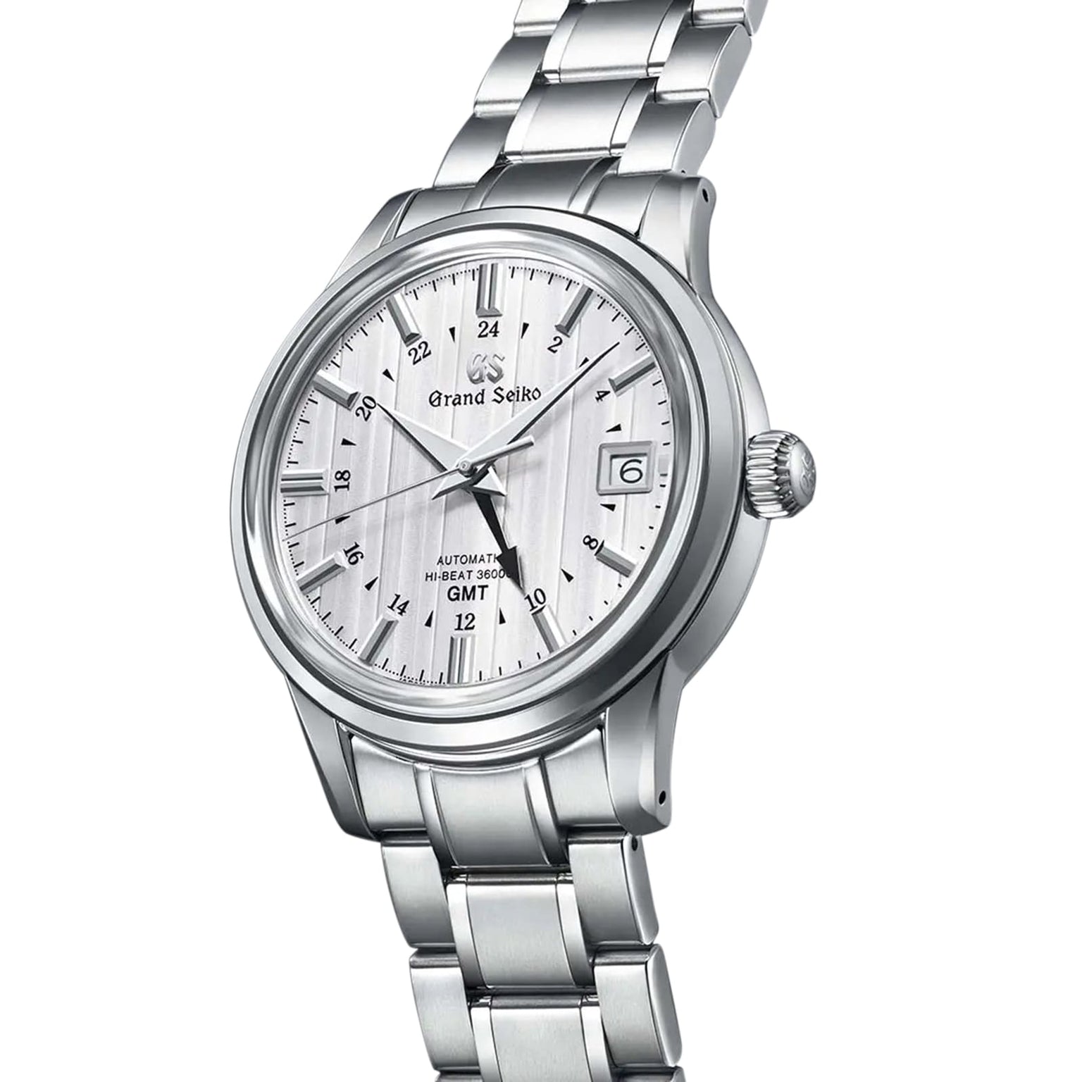 The Grand Seiko Hi-Beat GMT Elegance is a silver wristwatch with a stainless steel band, white textured dial, black hour markers, and a date window at 3 o’clock.