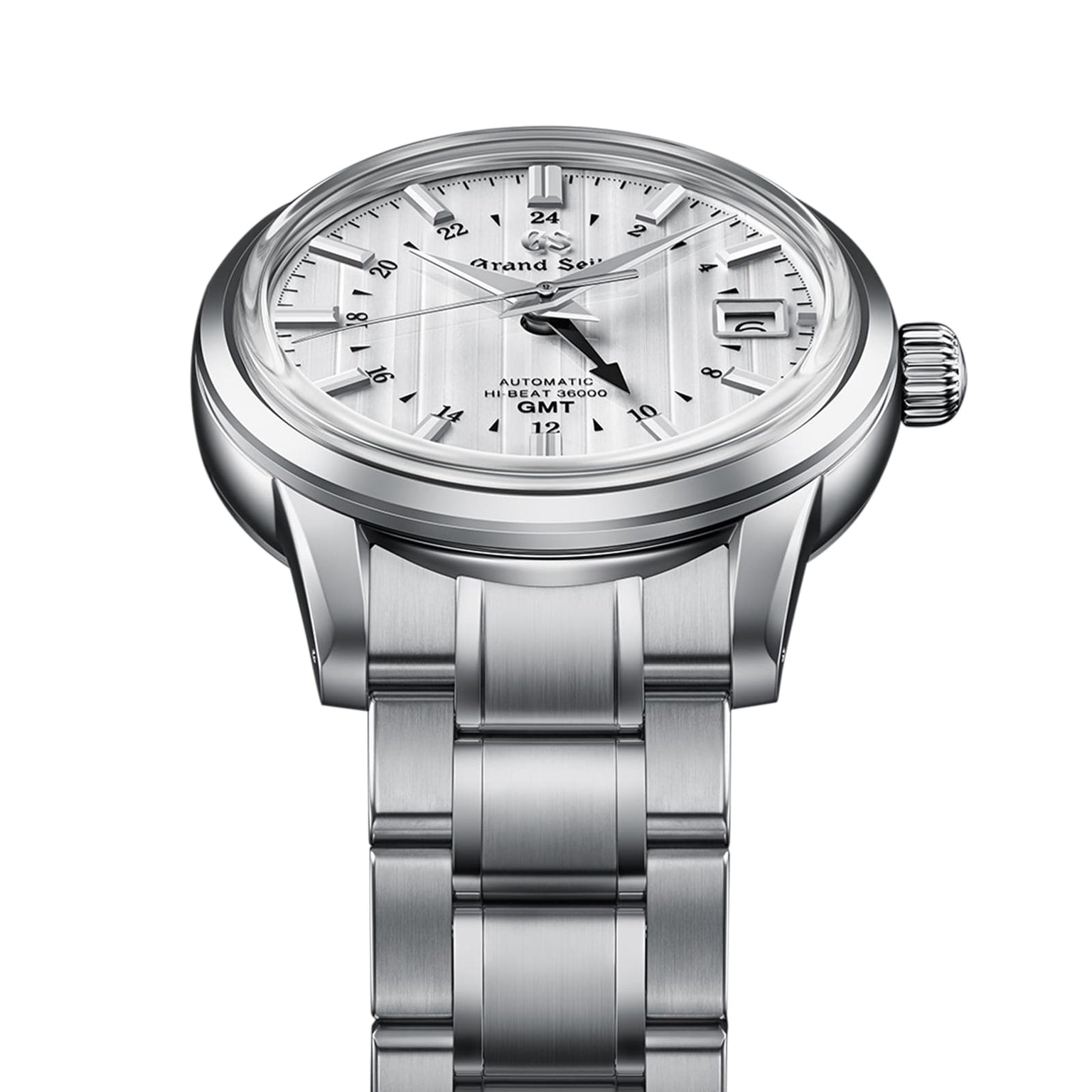 The Grand Seiko Hi-Beat GMT Elegance features a stainless steel case, textured white dial, black hour markers, date window at 3 o’clock, and automatic movement, shown from an angled front view.