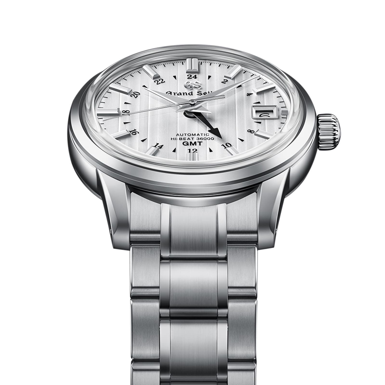 The Grand Seiko Hi-Beat GMT Elegance features a stainless steel case, textured white dial, black hour markers, date window at 3 o’clock, and automatic movement, shown from an angled front view.