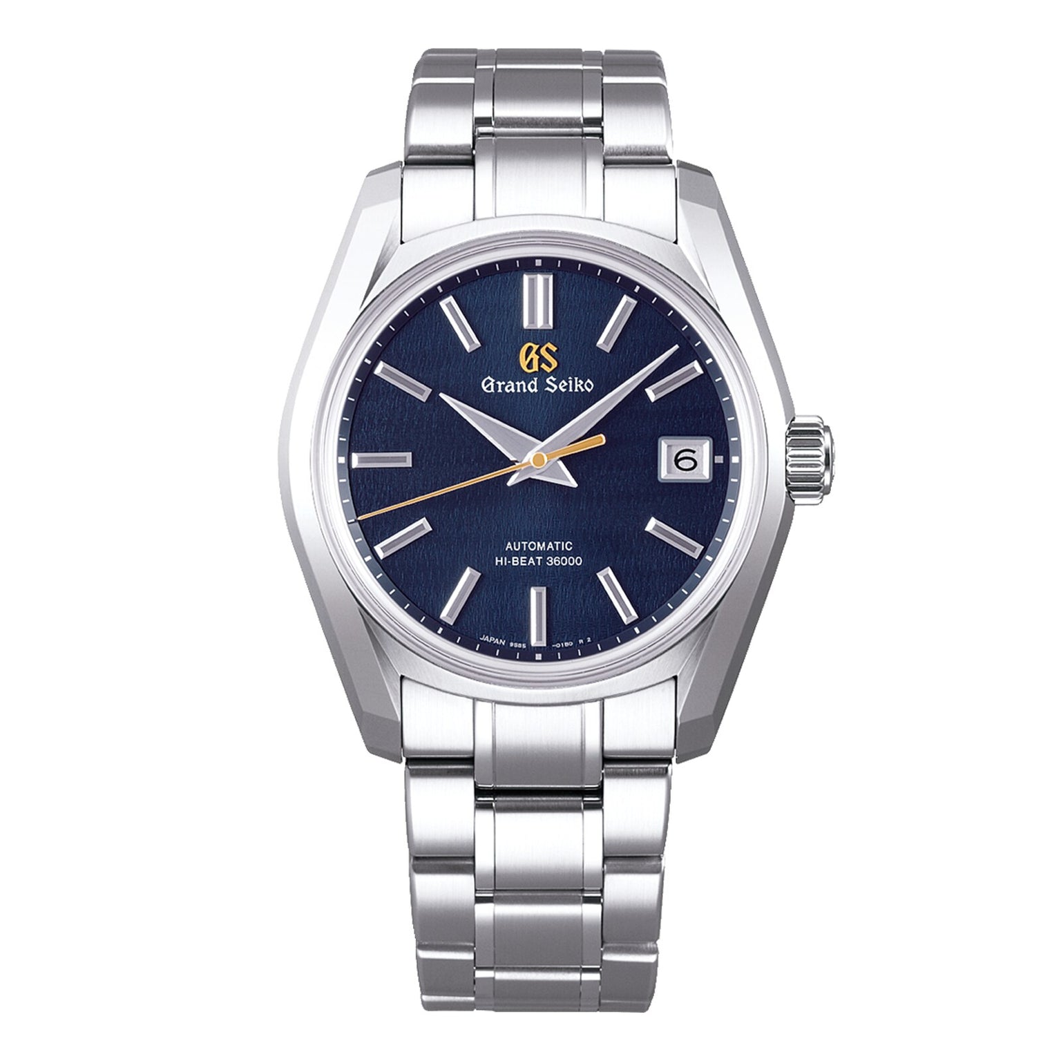 The Grand Seiko Hi-Beat GMT Elegance features a stainless steel case, blue dial, silver hour markers, a date window at 3 oclock, and a sleek silver link bracelet inspired by Japanese nature.