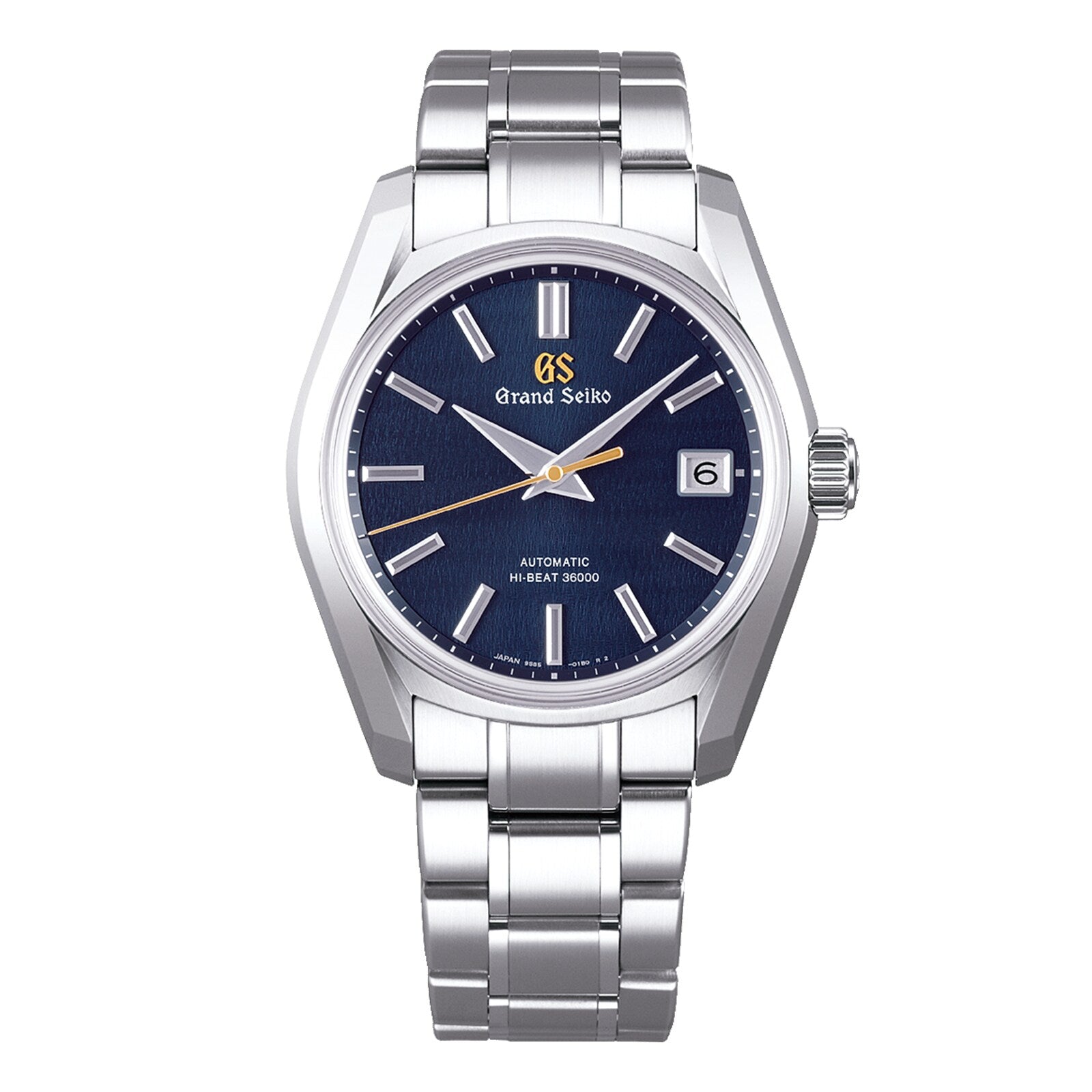 The Grand Seiko Hi-Beat GMT Elegance features a stainless steel case, blue dial, silver hour markers, a date window at 3 oclock, and a sleek silver link bracelet inspired by Japanese nature.