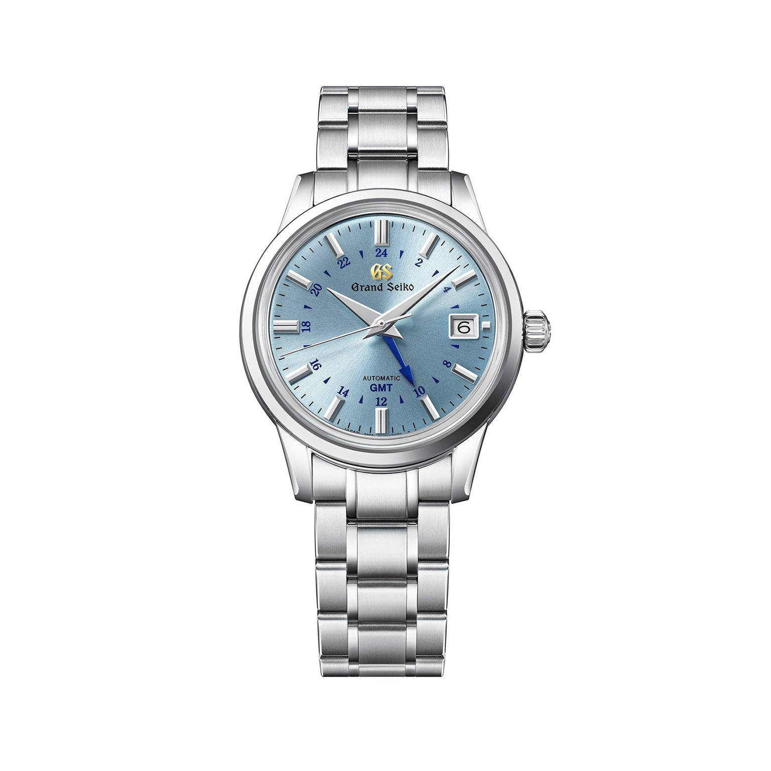 Grand Seiko Automatic GMT Elegance wristwatch featuring a light blue sunburst dial, date window, and stainless steel bracelet.