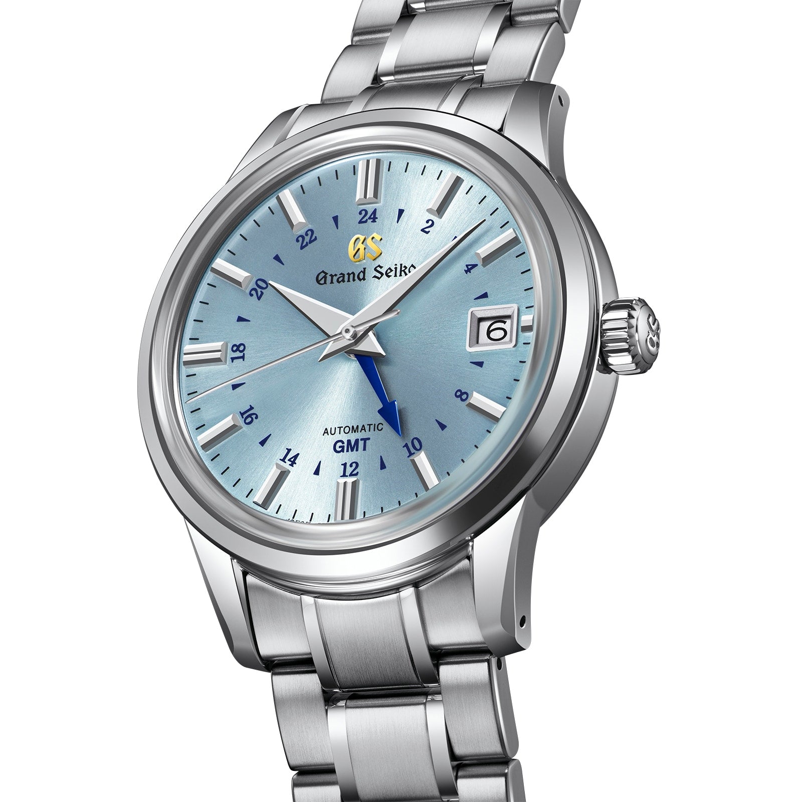 The Grand Seiko Automatic GMT Elegance features a stainless steel case, light blue dial, date at 3 o’clock, and Calibre 9S66 automatic movement on a silver bracelet.