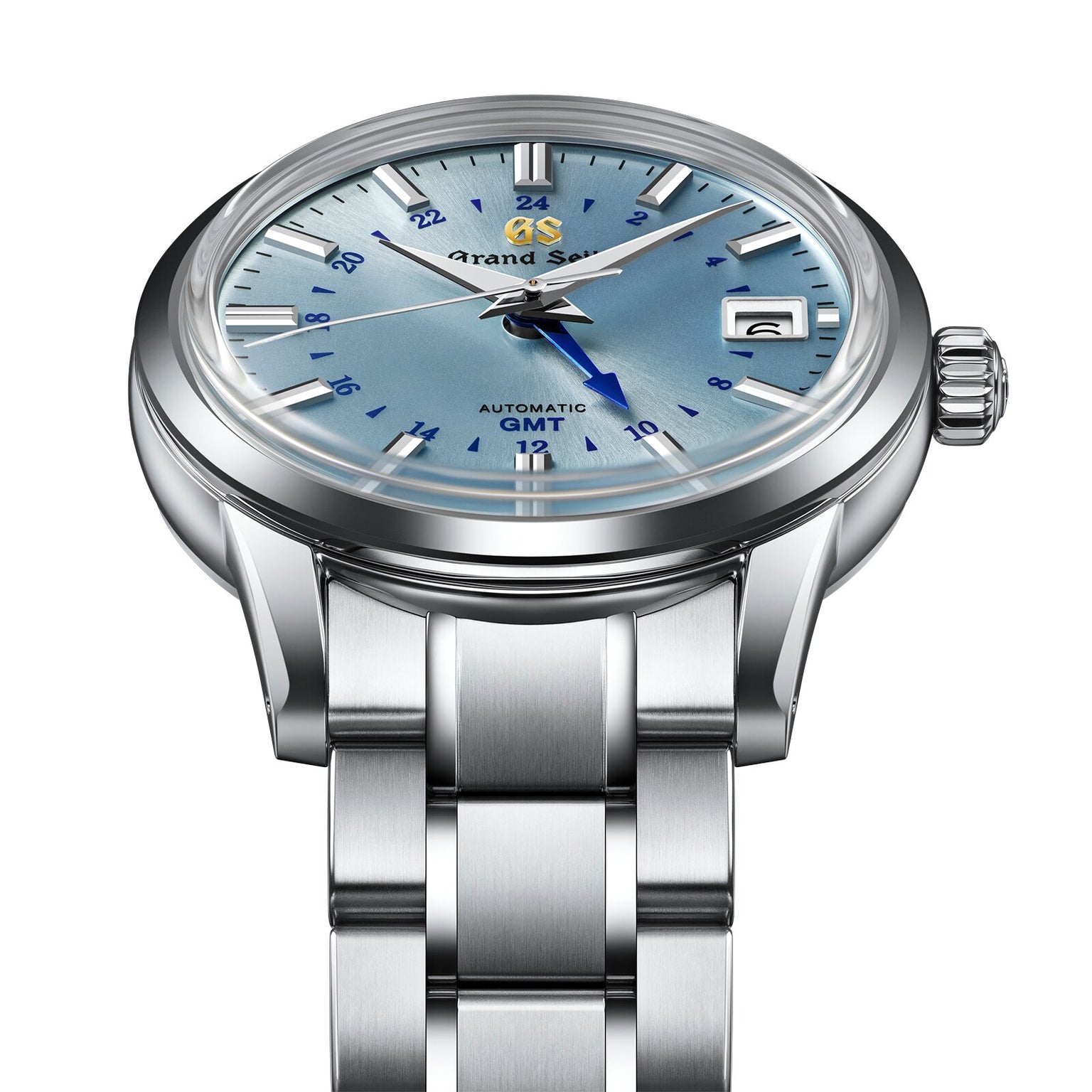 The Grand Seiko Automatic GMT Elegance features a stainless steel case, light blue dial with silver hour markers, blue GMT hand, date display, Calibre 9S66 movement, and comes on a metal bracelet.
