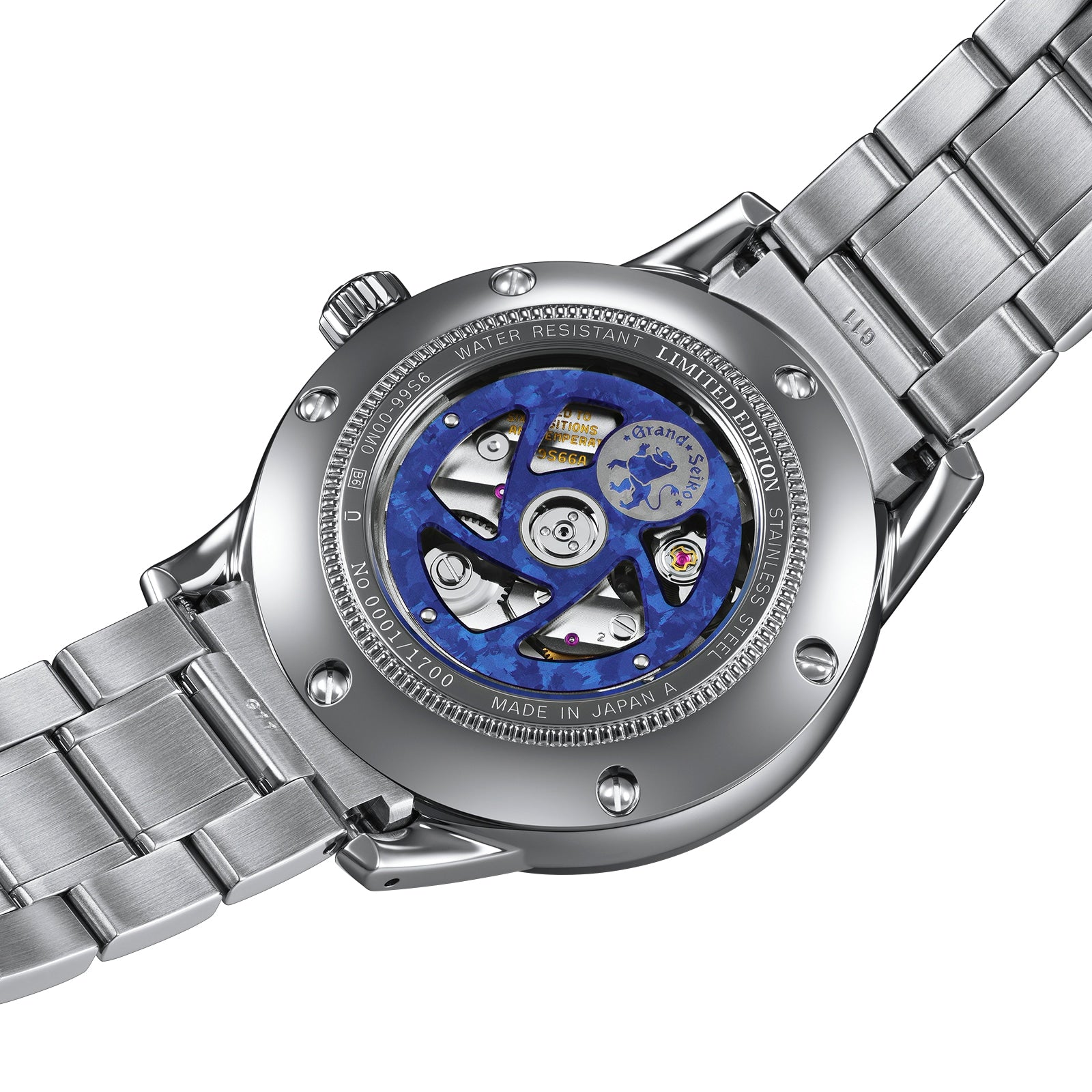 The back of the Grand Seiko Automatic GMT Elegance reveals its Calibre 9S66 movement through a transparent case, displaying blue and silver accents with engraved markings on the stainless steel limited edition watch.