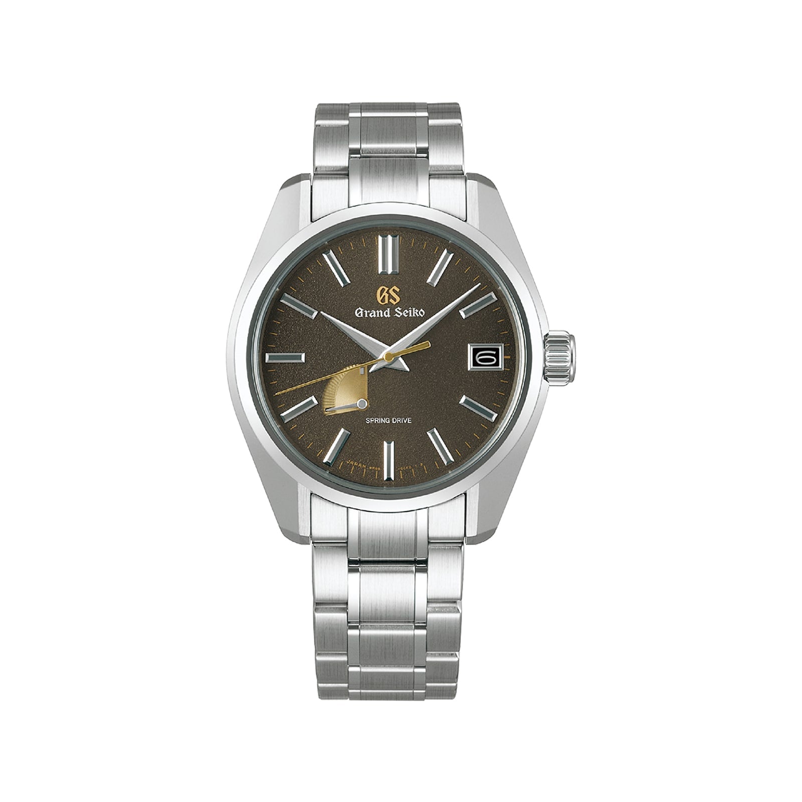 The Grand Seiko Spring Drive Heritage is a stainless steel wristwatch with a brown textured dial inspired by Japanese sword artistry, silver hour markers, date window at 3 o’clock, and a metal link bracelet.