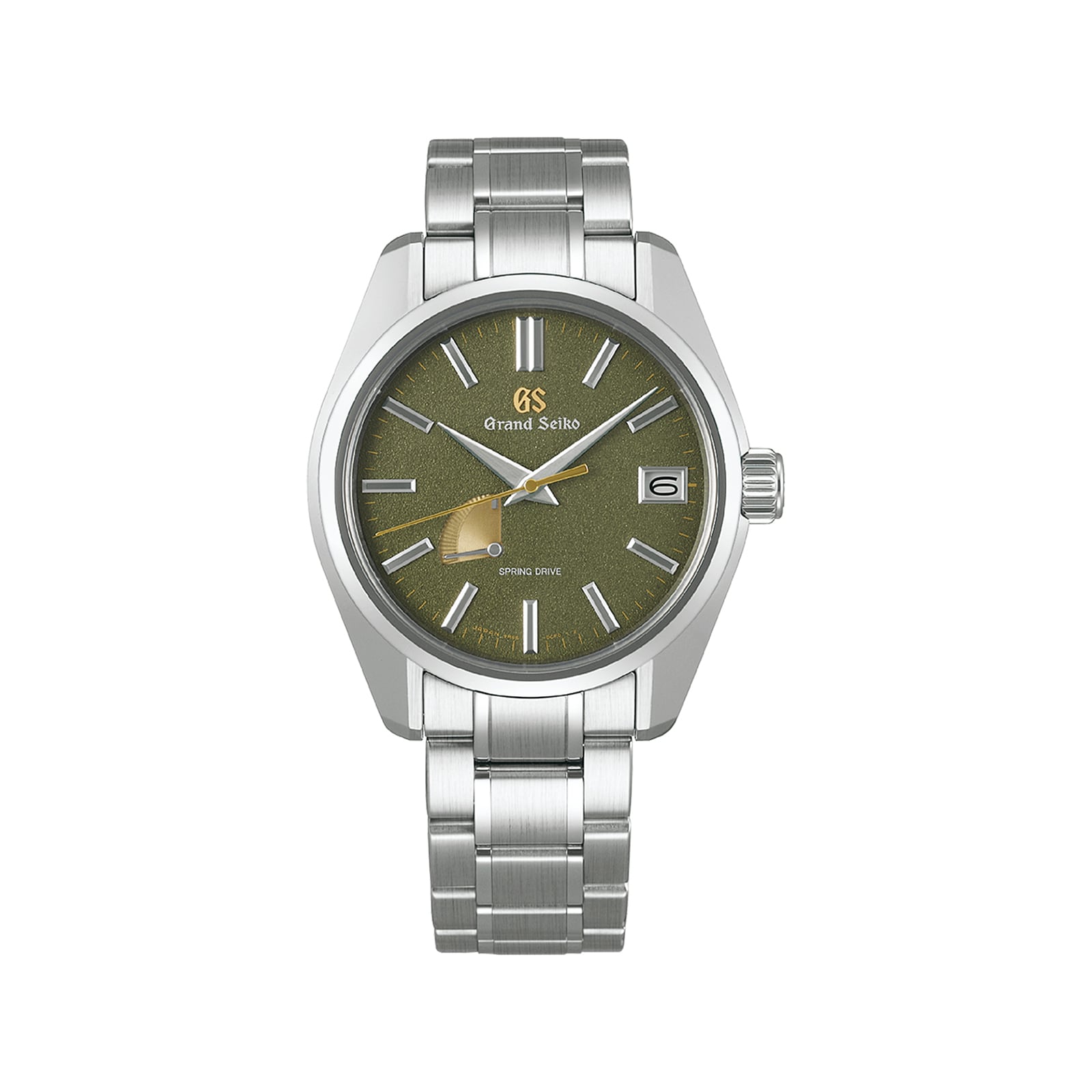 The Grand Seiko Spring Drive Heritage features a green textured dial, gold seconds hand, date at 3 oclock, and stainless steel bracelet—crafted with the precision and artistry inspired by Japanese swordmaking.