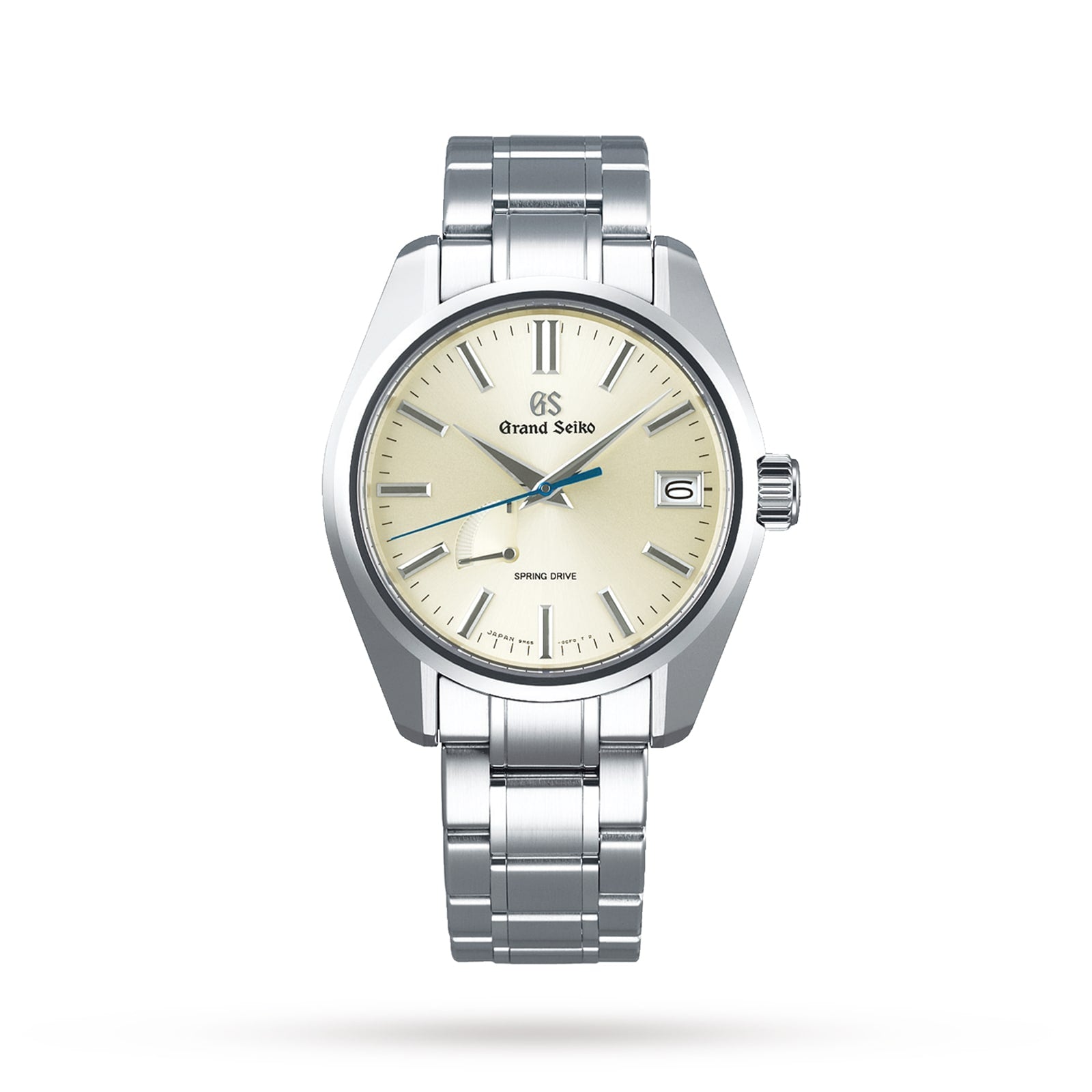 The Grand Seiko Spring Drive Heritage, a stainless steel wristwatch with cream dial, date at 3 o’clock, and silver markers and hands in the 44GS Contemporary Design, is shown against a plain white background.