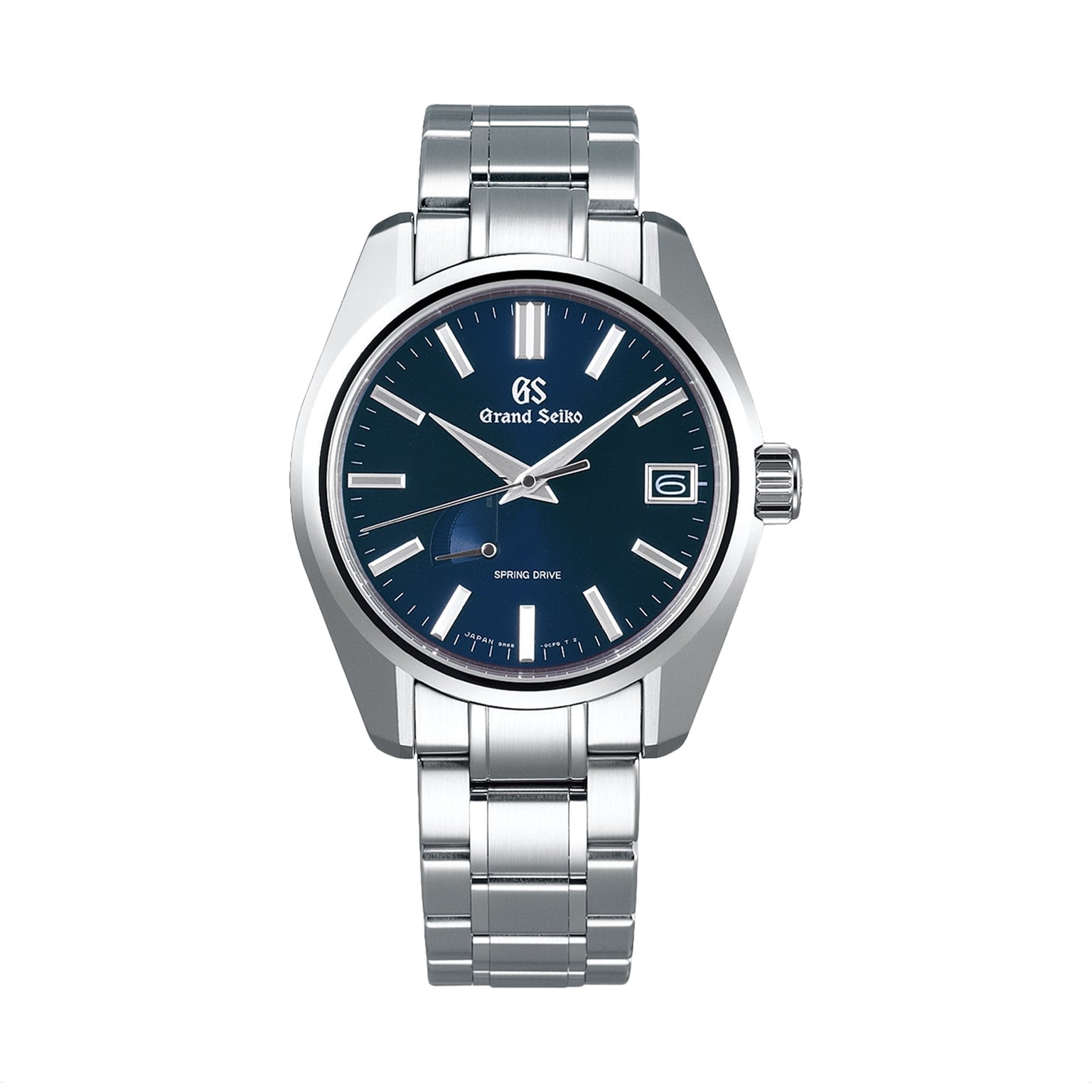 The Grand Seiko Spring Drive Heritage features the iconic 44GS Contemporary Design, stainless steel band, blue dial, silver hour markers and hands, plus a date window at 3 o’clock.