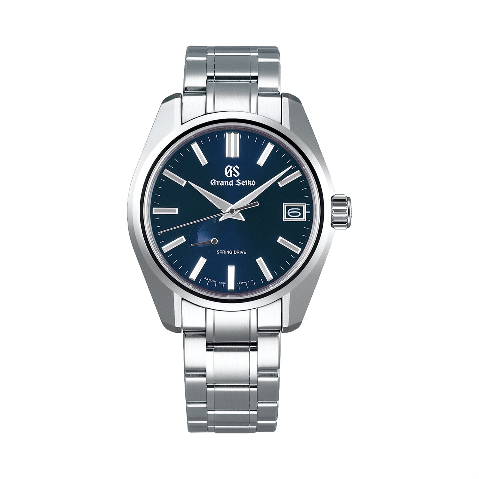 The Grand Seiko Spring Drive Heritage features the iconic 44GS Contemporary Design, stainless steel band, blue dial, silver hour markers and hands, plus a date window at 3 o’clock.