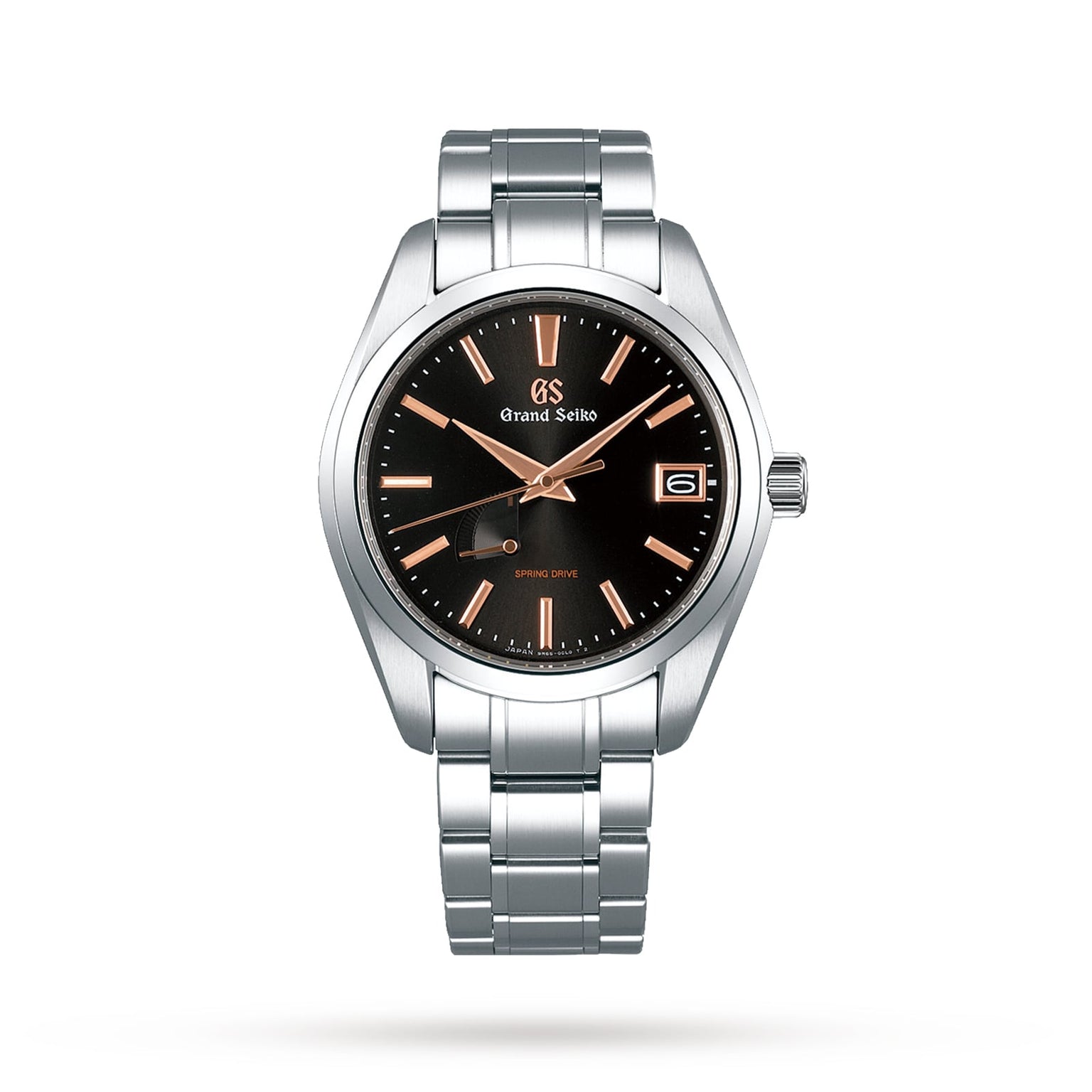 The Grand Seiko Spring Drive Heritage features a black dial, rose gold markers and hands, date at 3 o’clock, and a silver bracelet—demonstrating the technical excellence of Grand Seiko’s Spring Drive watches.