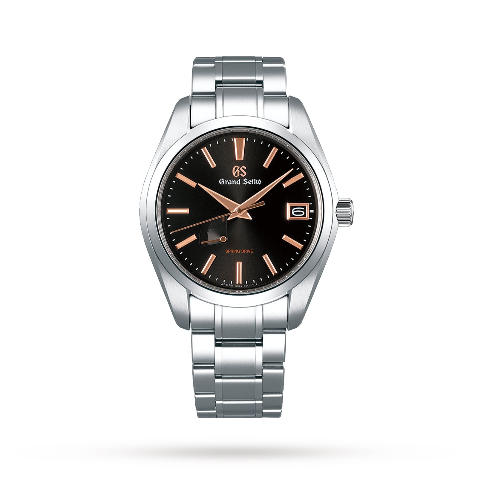 The Grand Seiko Spring Drive Heritage features a black dial, rose gold markers and hands, date at 3 o’clock, and a silver bracelet—demonstrating the technical excellence of Grand Seiko’s Spring Drive watches.