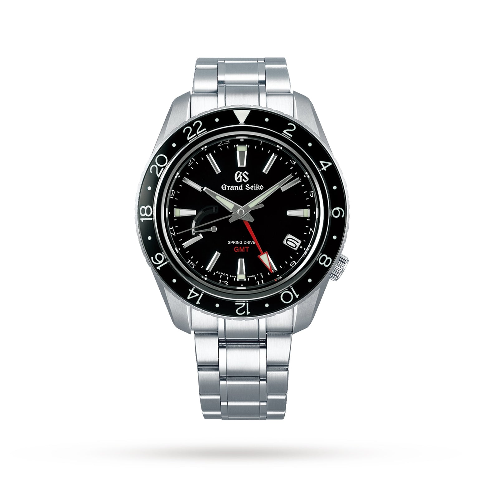 The Grand Seiko Spring Drive GMT Sport wristwatch features a black dial, silver band, and red GMT hand, displayed on a white background.