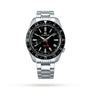 The Grand Seiko Spring Drive GMT Sport wristwatch features a black dial, silver band, and red GMT hand, displayed on a white background.
