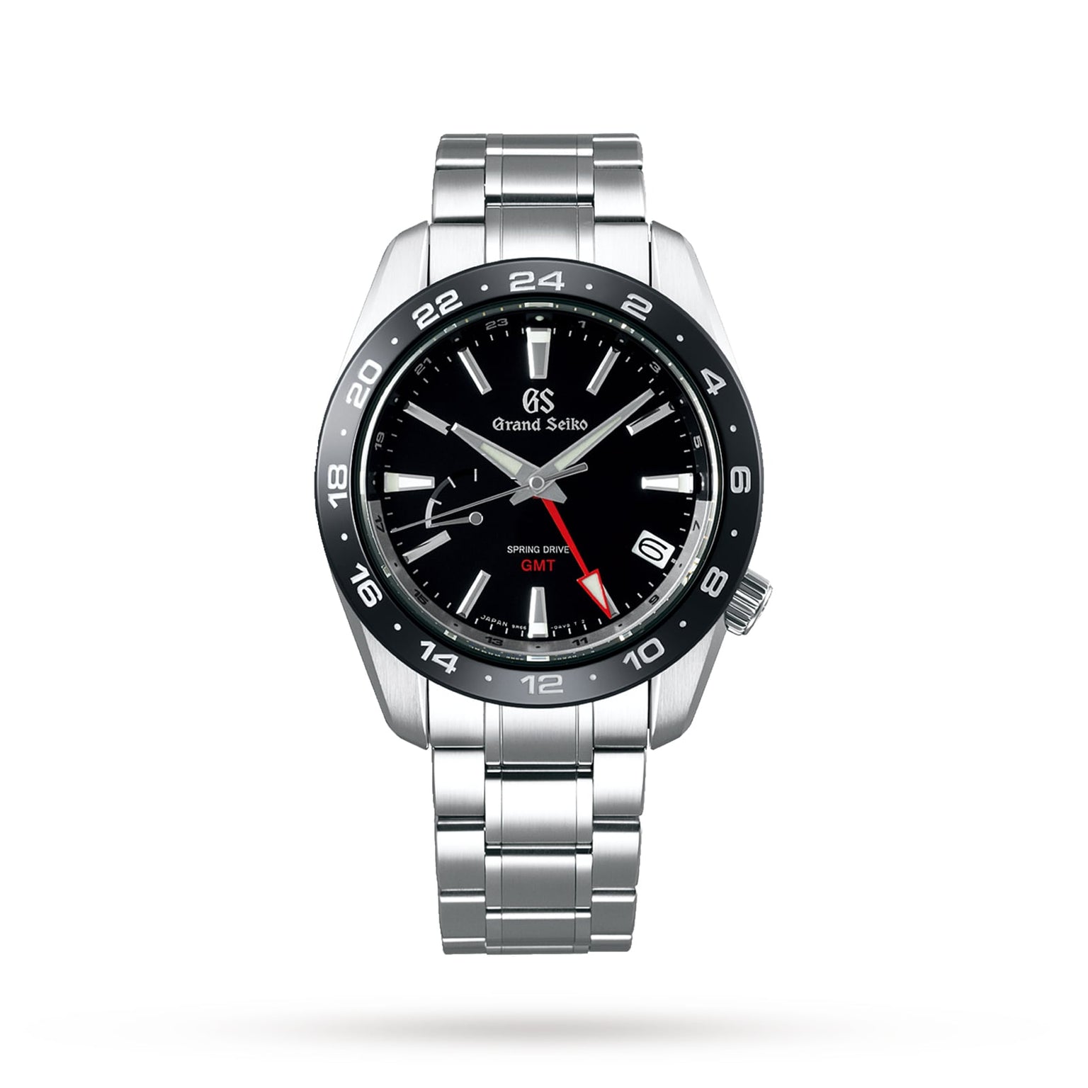 A Grand Seiko Spring Drive GMT Sport wristwatch featuring a black dial, red GMT hand, date display, and stainless steel case and bracelet is displayed against a white background.