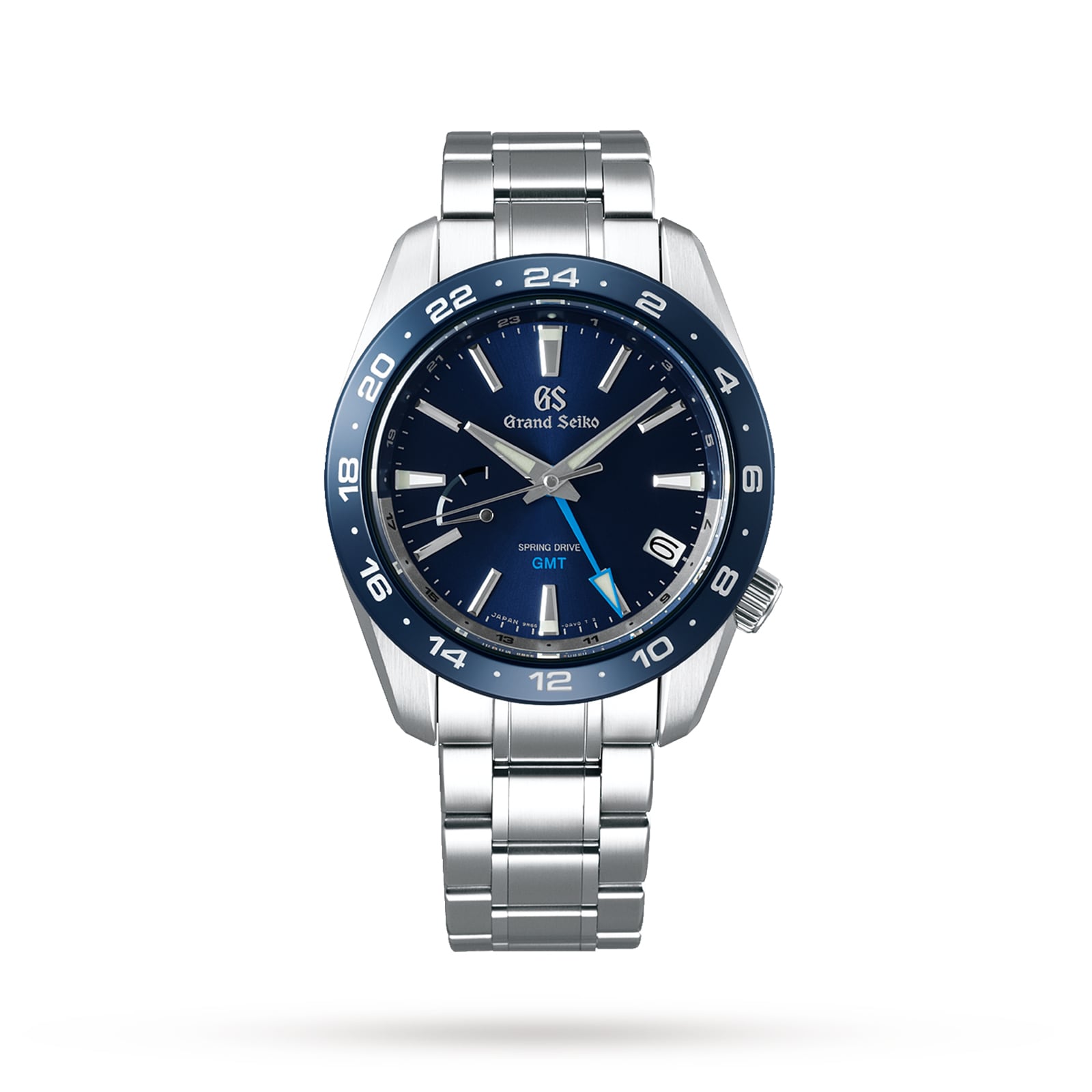 The Grand Seiko Spring Drive GMT Sport features a stainless steel case and band, blue and black bezel, blue dial with silver hour markers, and displays time, date, and GMT functions.