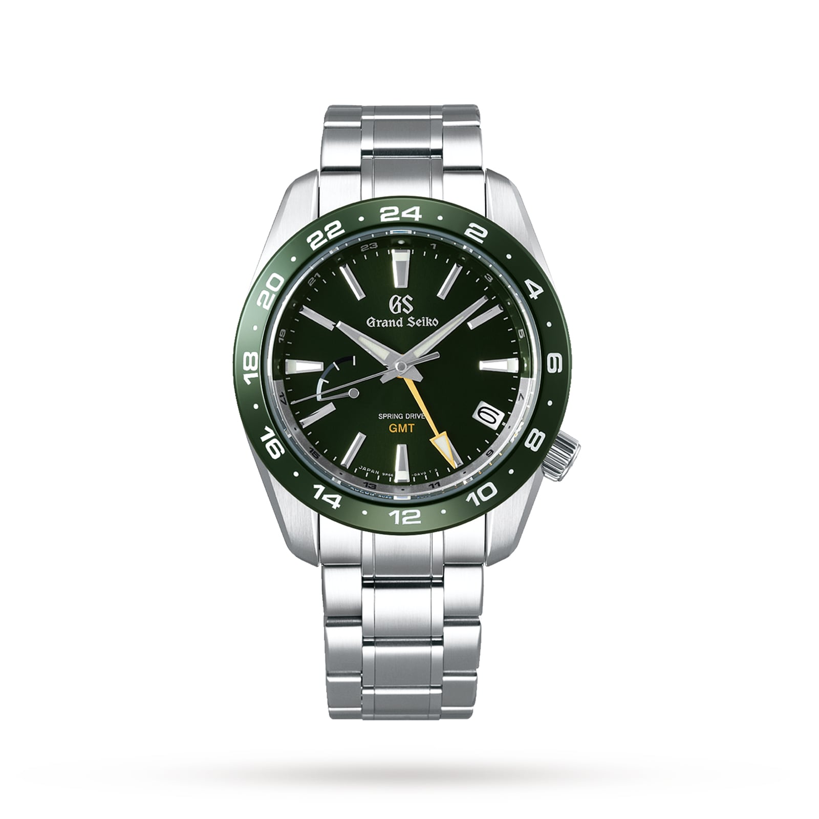 The Grand Seiko Spring Drive GMT Sport wristwatch features a green ceramic bezel, green dial, silver hour markers, yellow GMT hand, and a stainless steel bracelet, displayed on a white background.
