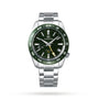 The Grand Seiko Spring Drive GMT Sport wristwatch features a green ceramic bezel, green dial, silver hour markers, yellow GMT hand, and a stainless steel bracelet, displayed on a white background.