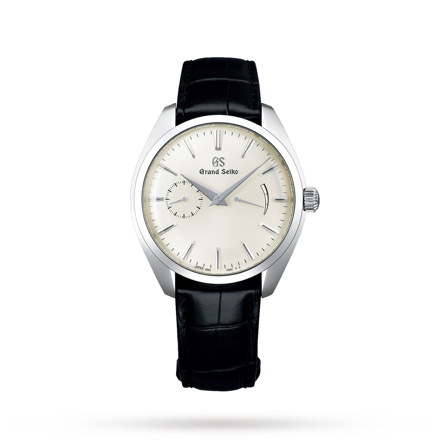 The Grand Seiko Manual Elegance wristwatch features a silver dial, black leather strap, simple index markers, and a small seconds sub-dial at 8 o’clock, powered by the manual Calibre 9S63 and displayed on a white background.