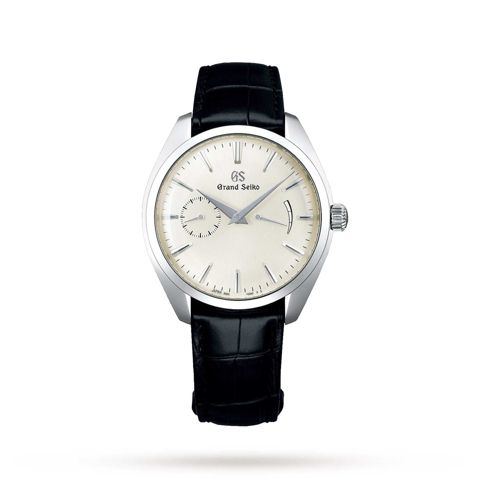 The Grand Seiko Manual Elegance wristwatch features a silver dial, black leather strap, simple index markers, and a small seconds sub-dial at 8 o’clock, powered by the manual Calibre 9S63 and displayed on a white background.