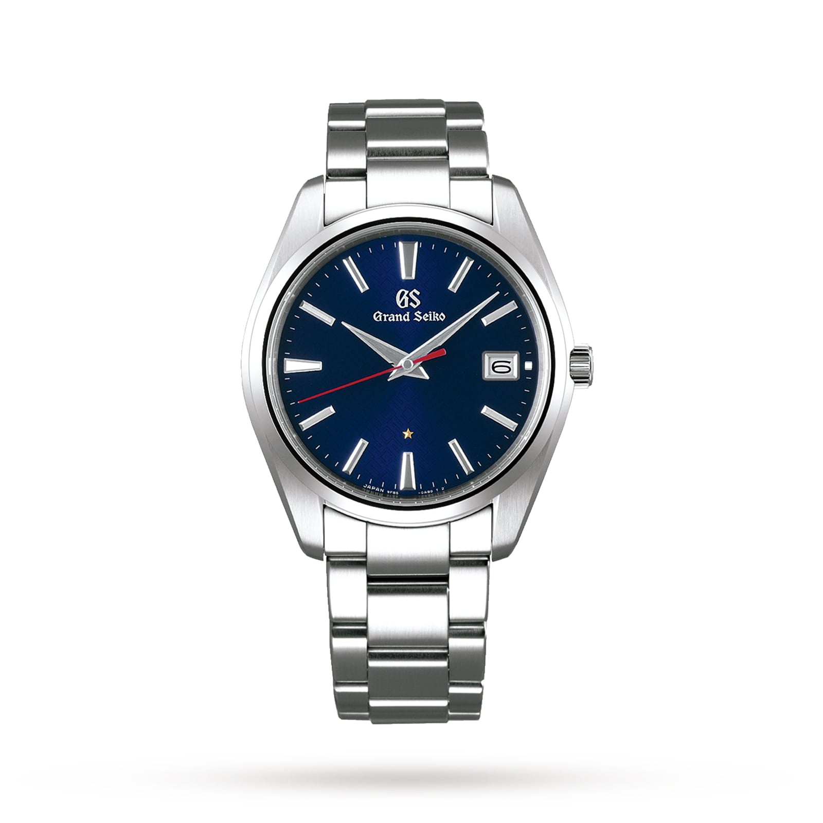 The Grand Seiko Limited Edition Heritage is a silver wristwatch with a blue dial, silver hour markers, date window at 3 oclock, stainless steel bracelet, and high-precision Caliber 9F85 for the 60th Anniversary.