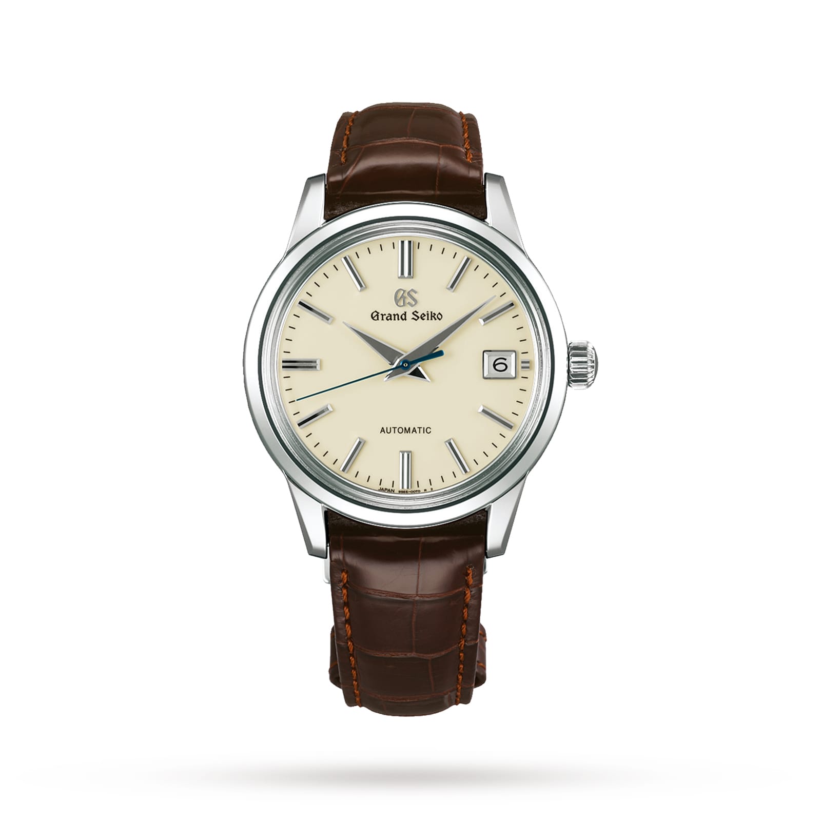 The Grand Seiko Automatic Elegance features classical styling with a cream dial, silver hands and markers, date at 3 o’clock, Calibre 9S65 movement with a 3-day power reserve, and a brown leather strap.