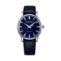The Grand Seiko Manual Elegance wristwatch, inspired by the 1960 original, showcases a dark blue dial, silver hour markers, and a matching blue leather strap, displayed on a white background.