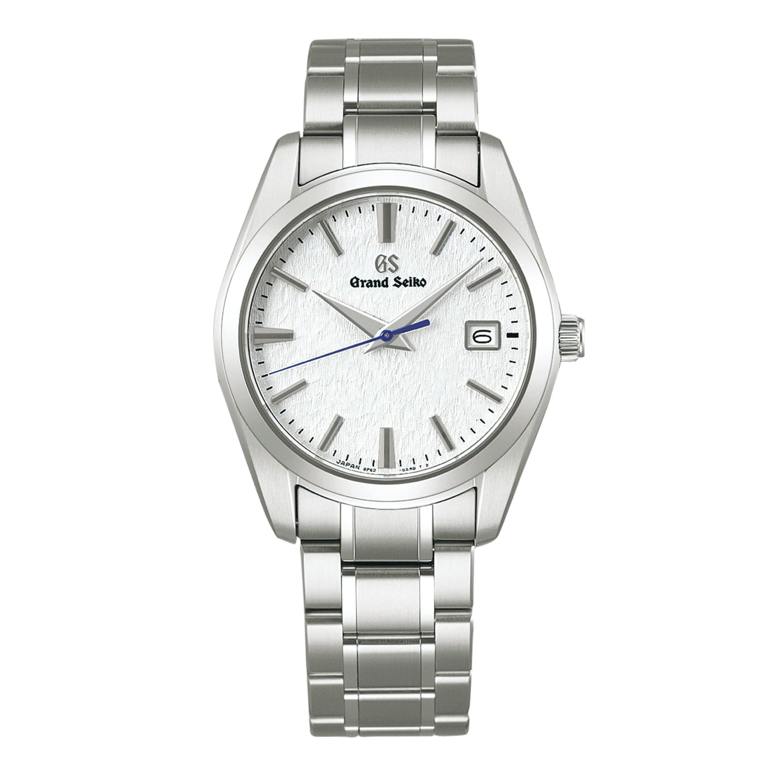 The Grand Seiko Quartz Heritage features a snowflake dial, silver hour markers, blue second hand, date at 3 o’clock, and a stainless steel bracelet in a sleek 37mm titanium case.