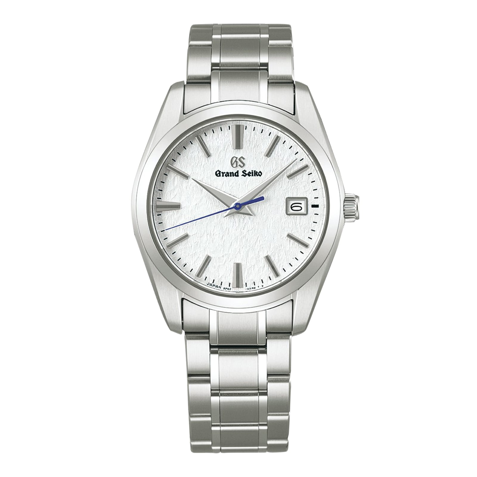 The Grand Seiko Quartz Heritage features a snowflake dial, silver hour markers, blue second hand, date at 3 o’clock, and a stainless steel bracelet in a sleek 37mm titanium case.