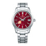 The Grand Seiko Spring Drive Elegance is a limited edition stainless steel watch with a red dial, silver markers, date at 3 o’clock, power reserve indicator between 7 and 8 o’clock, and is powered by the Caliber 9R movement.