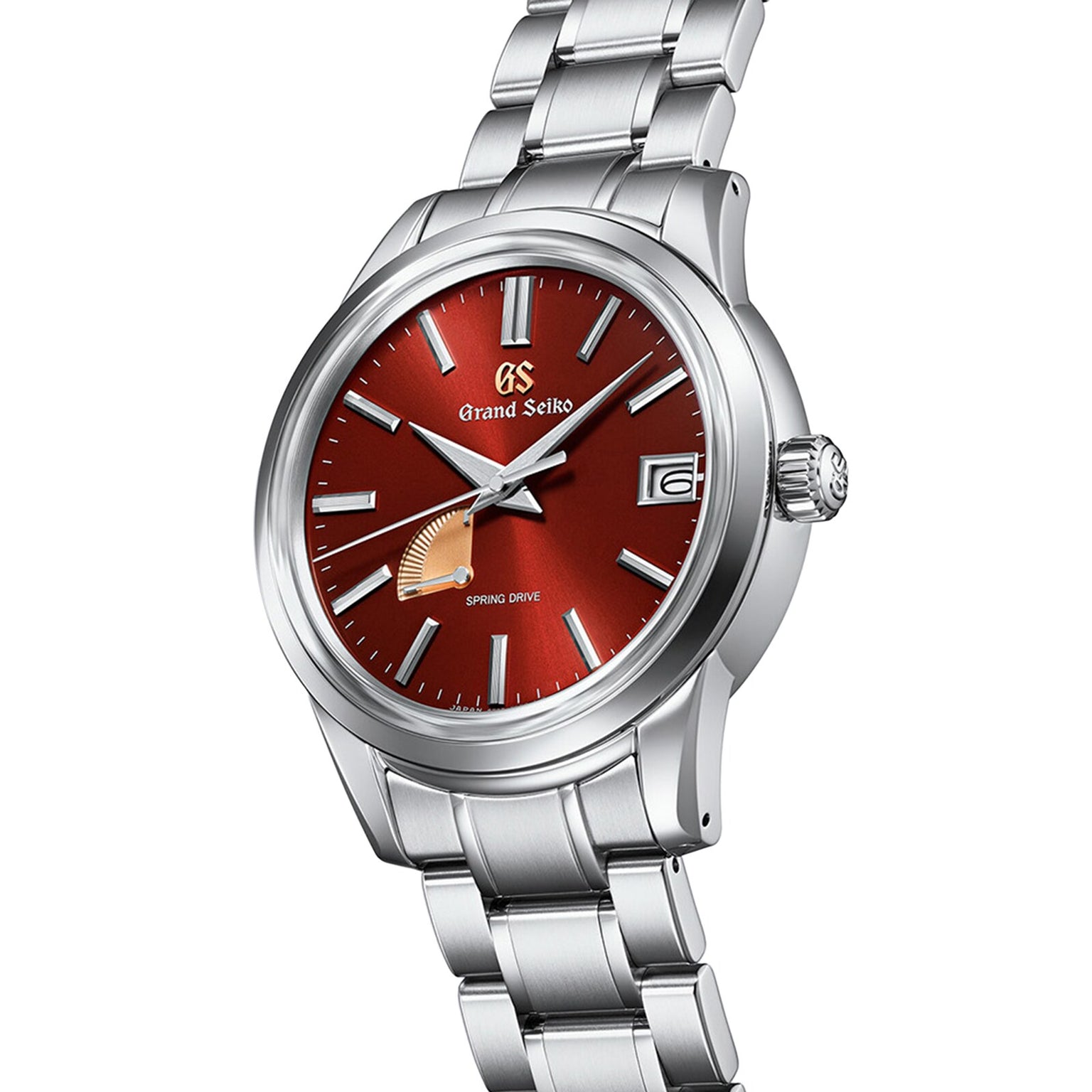 The Grand Seiko Spring Drive Elegance is a limited edition silver wristwatch with a red dial, Caliber 9R Spring Drive movement, date display at 3 o’clock, and a metal bracelet.