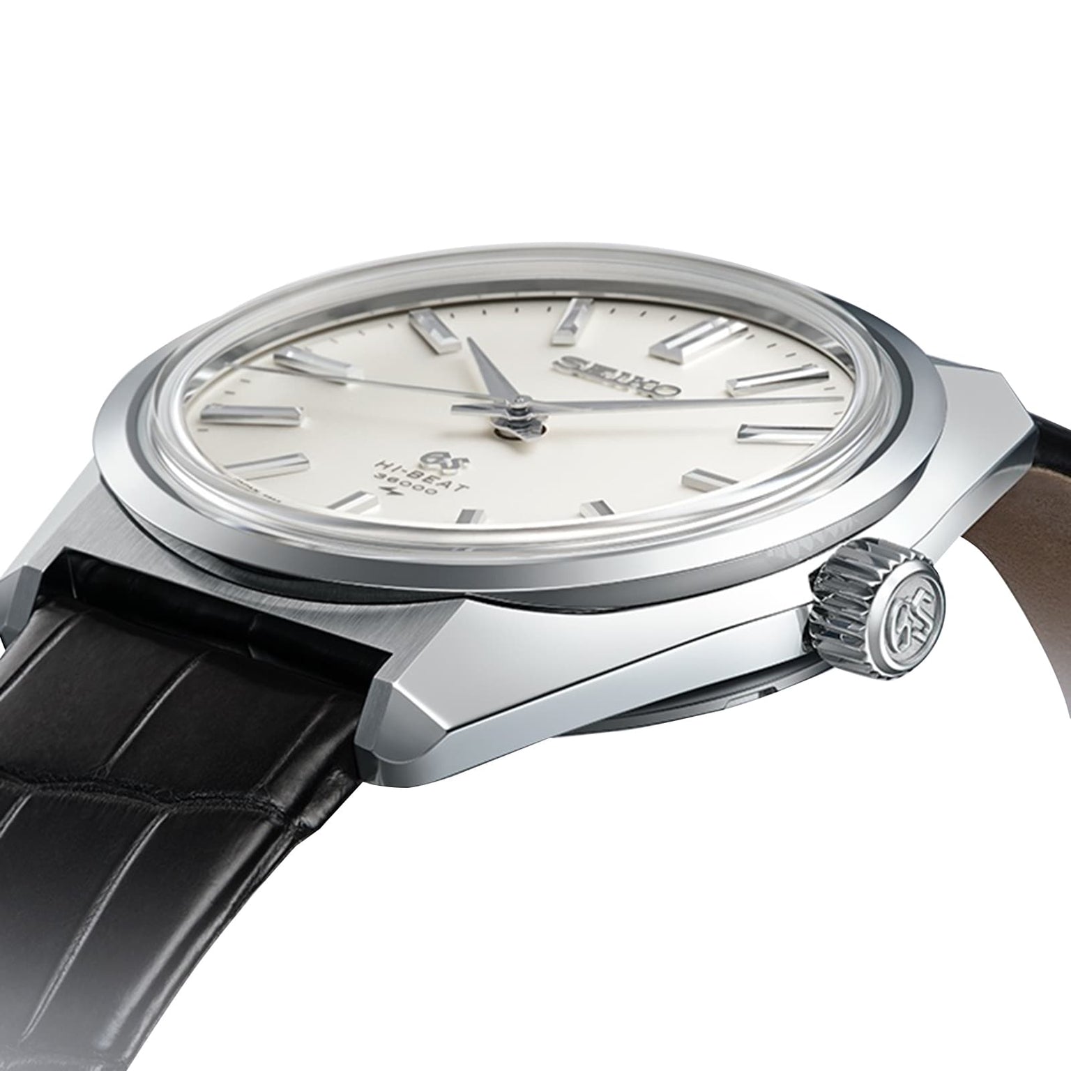 Grand Seiko Manual Hi-Beat Heritage wristwatch with a cream dial and black leather strap, displayed at an angle on a white background.
