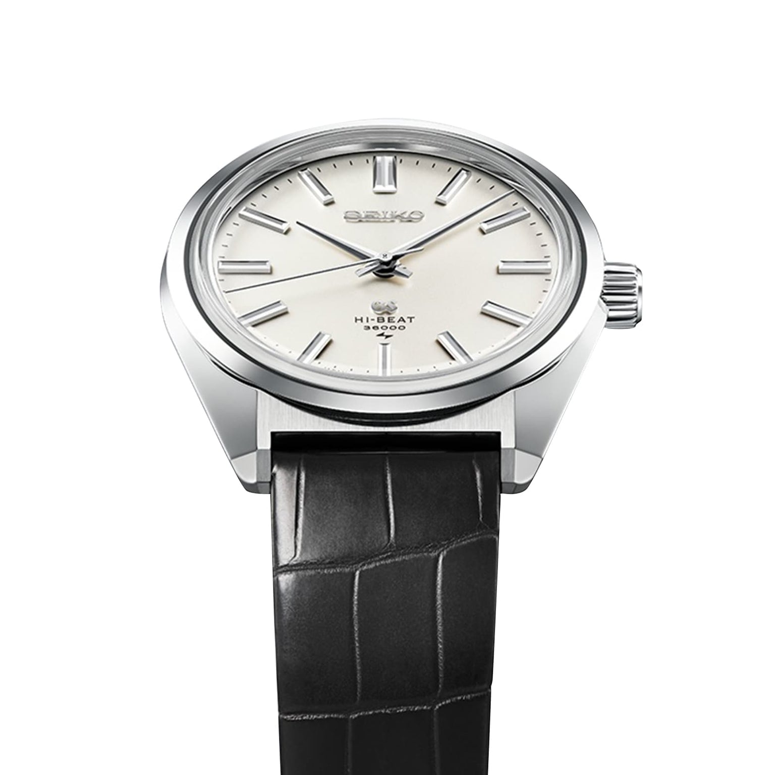 A Grand Seiko Manual Hi-Beat Heritage wristwatch with a silver case, white dial, silver hour markers, and black leather strap is displayed on a white background, echoing the classic Grand Seiko 45GS design.